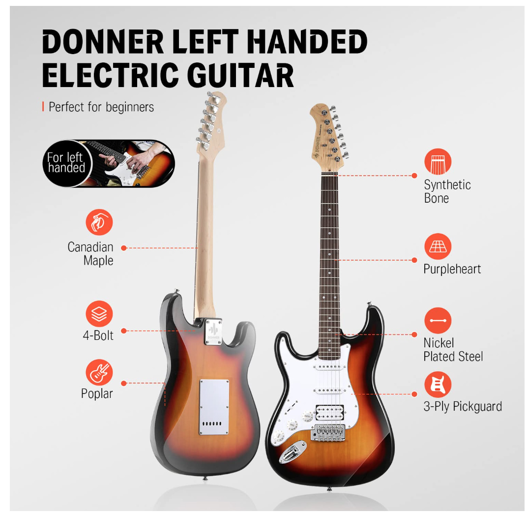 Donner Lefty DST-100SL 39 Inch Full Size Electric Guitar Kit Solid Body Sunburst Beginner Starter with Amplifier Bag Capo Strap String Tuner Cable Picks