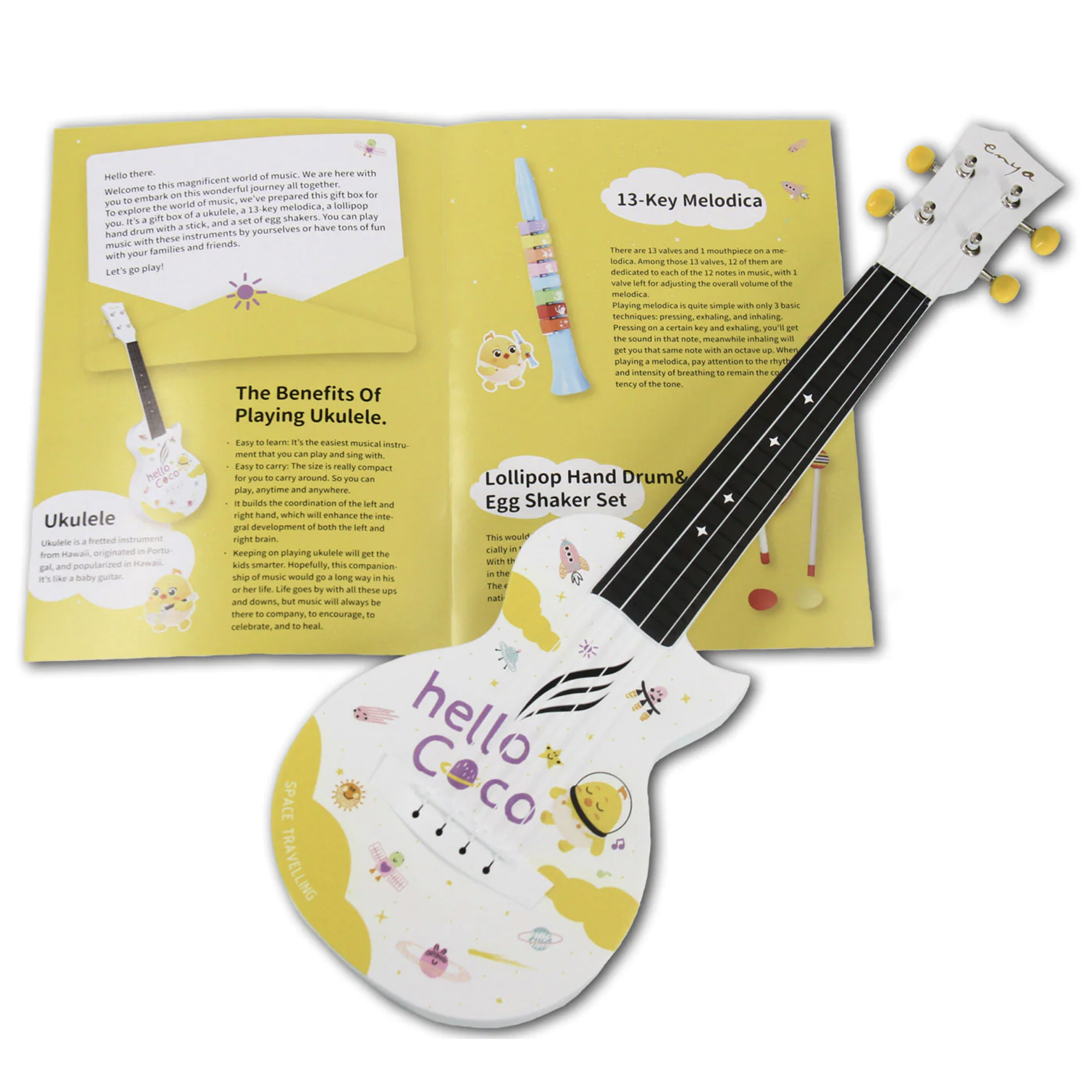 Enya Concert Mini coco Carbon Fiber Travel Ukulele with 13 key melodica hand drum and 2 sand shakers