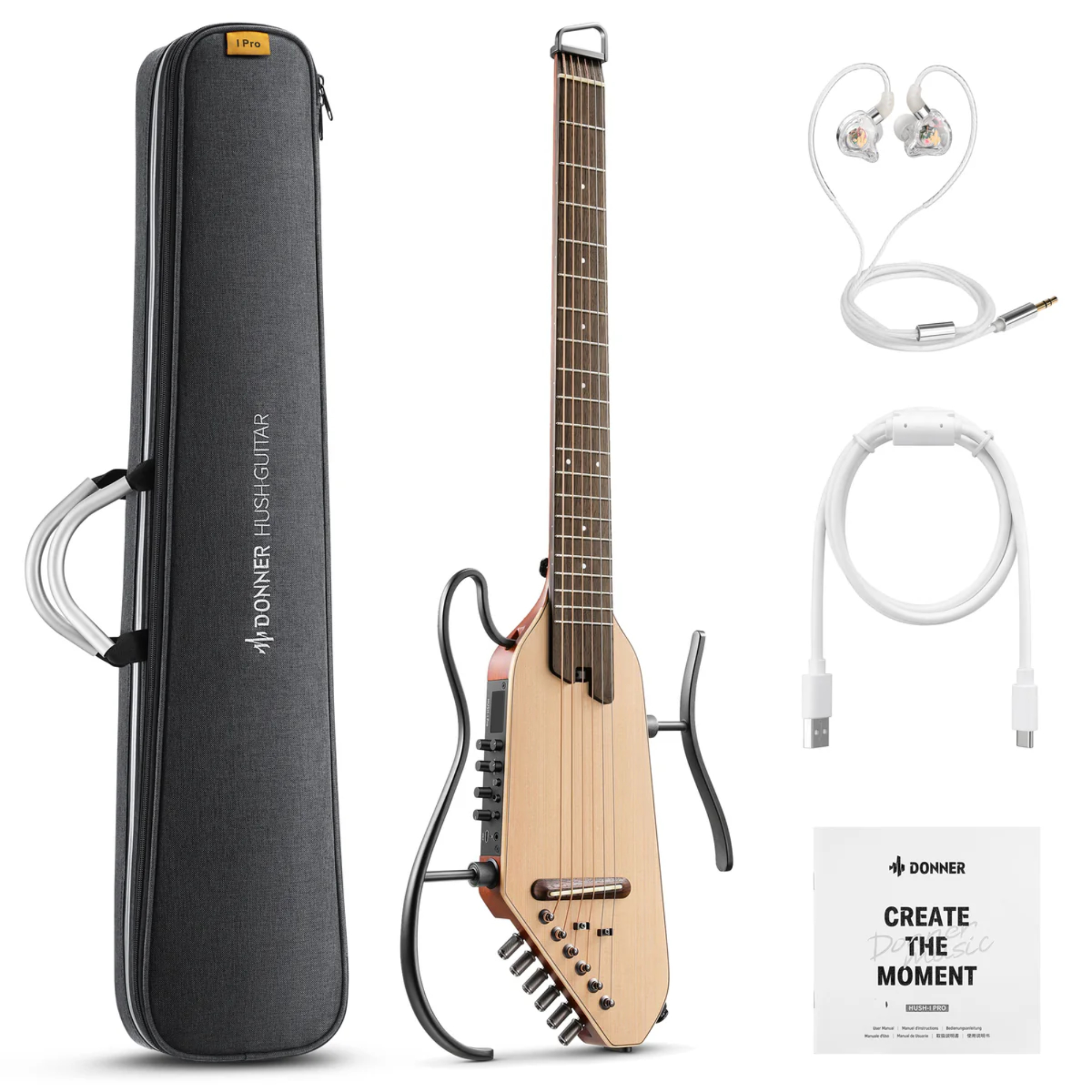 Donner HUSH-I PRO Natural Acoustic-Electric Travel Guitar Kit with onboard Effects