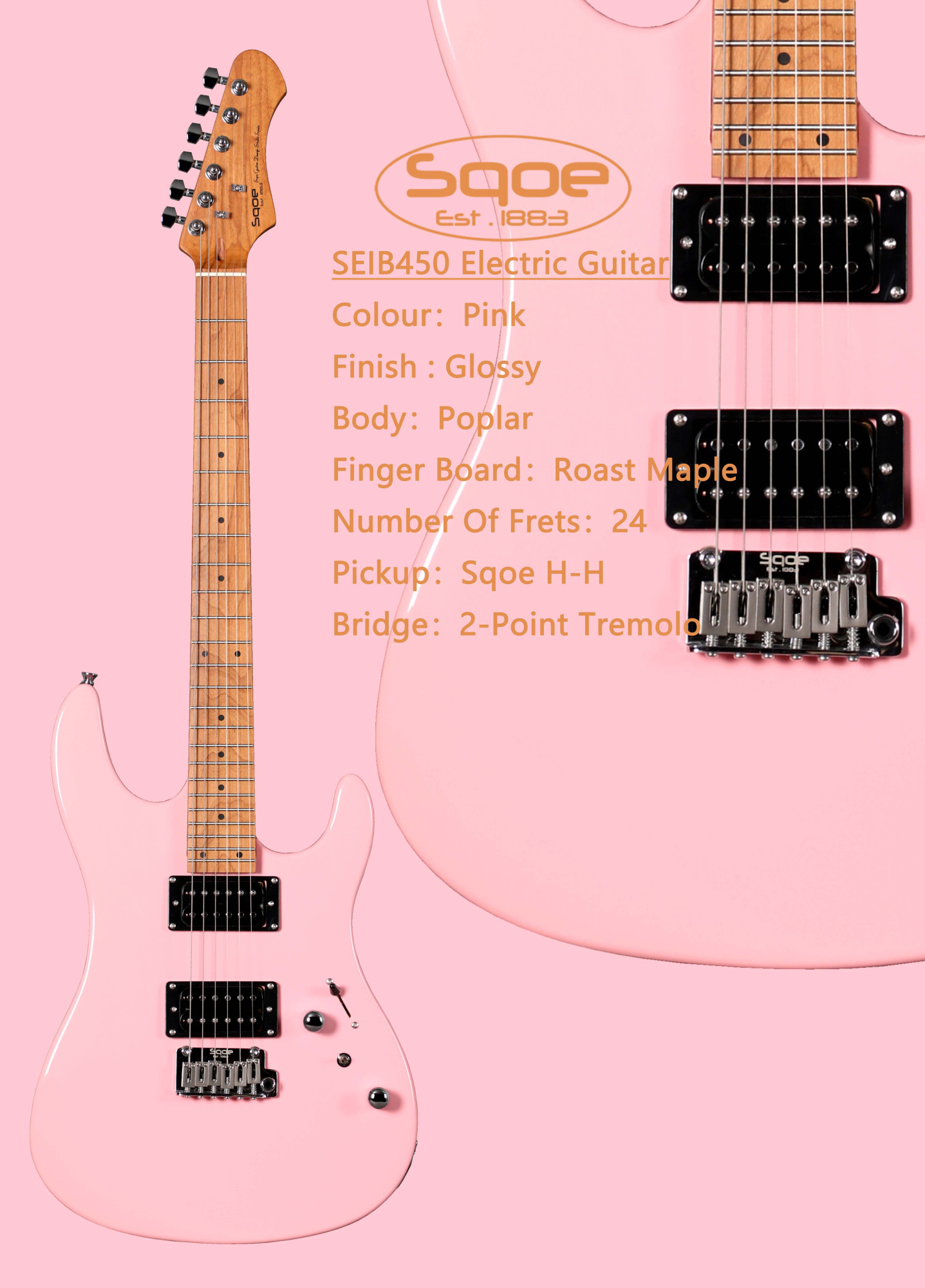 SQOE SEIB450 HH Super Strat Electric Guitar - Pink