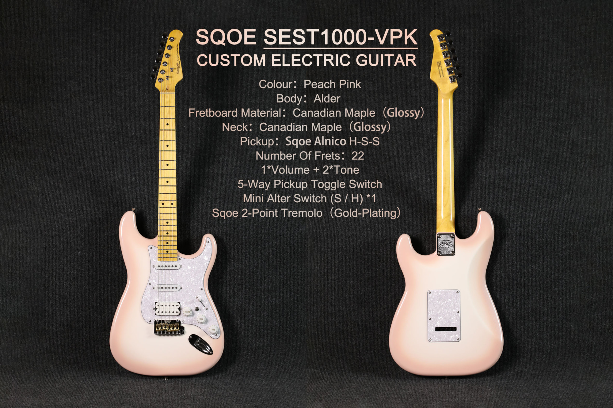 SQOE SEST1000 HSS Maple Fretboard Electric Guitar - Peach Pink
