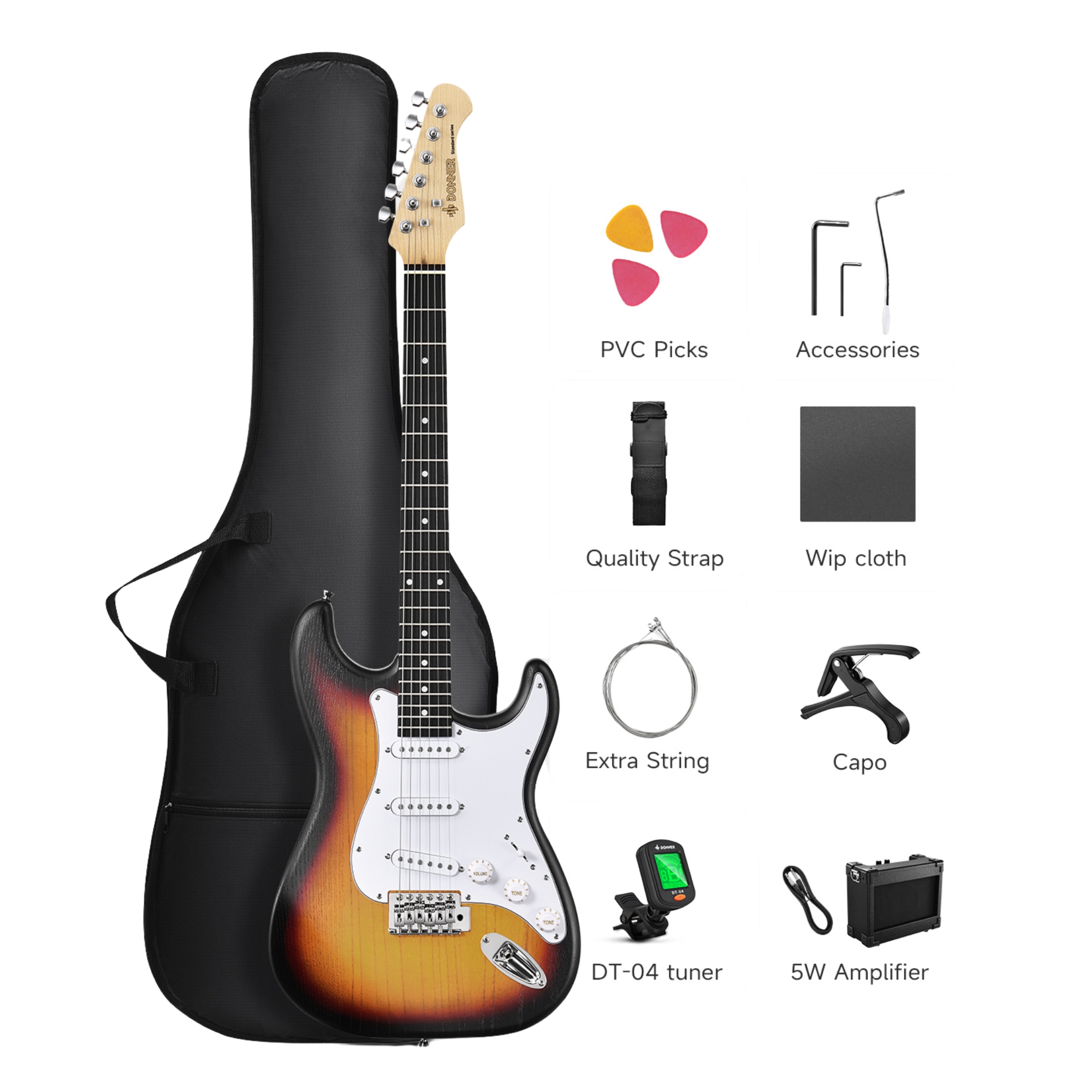 DONNER DST-80 Sunburst Electric Guitar 39 Beginner Electric Guitar Kit with Amp Classic SSS Pickup Complete with Gig Bag Tuner Capo Strap Picks