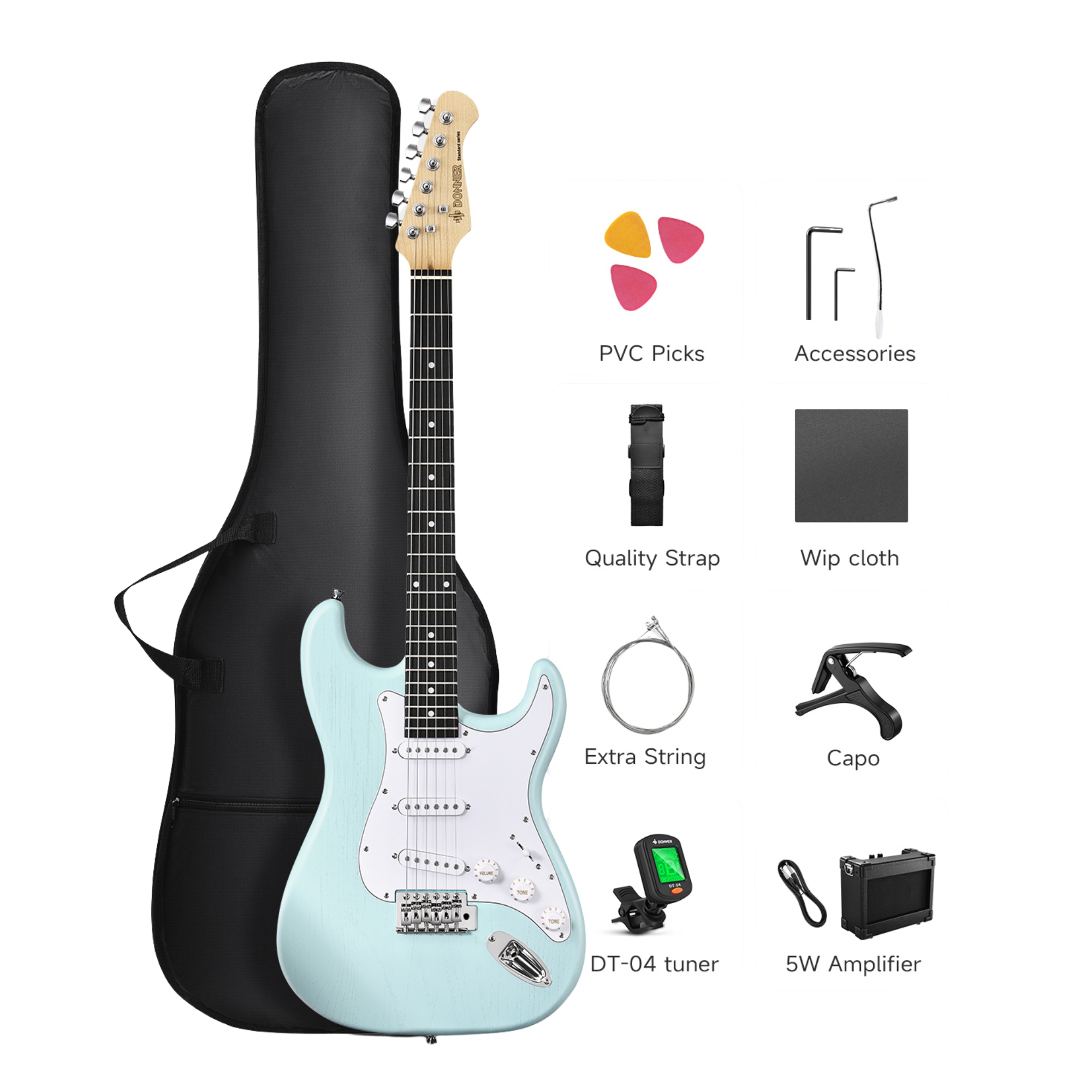 DONNER DST-80 Surf green Electric Guitar 39 Beginner Electric Guitar Kit with Amp Classic SSS Pickup Complete with Gig Bag Tuner Capo Strap Picks