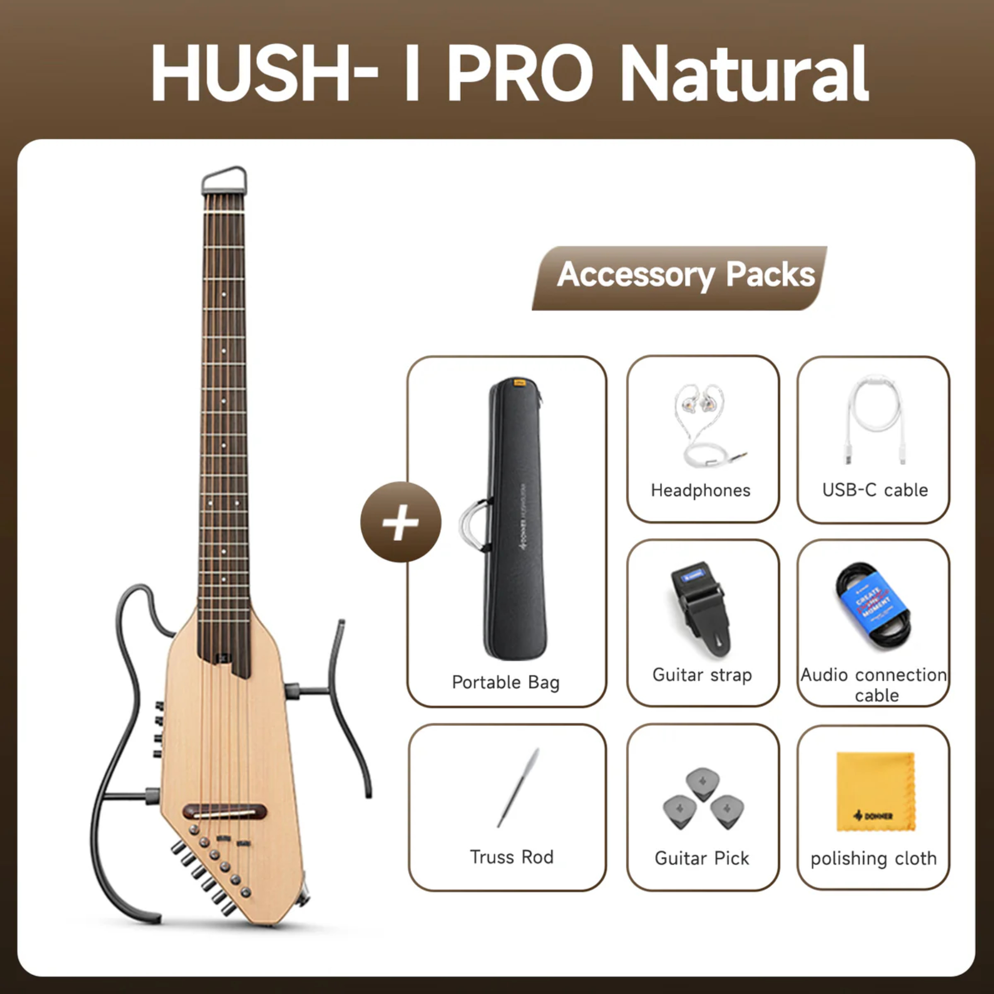 Donner HUSH-I PRO Natural Acoustic-Electric Travel Guitar Kit with onboard Effects