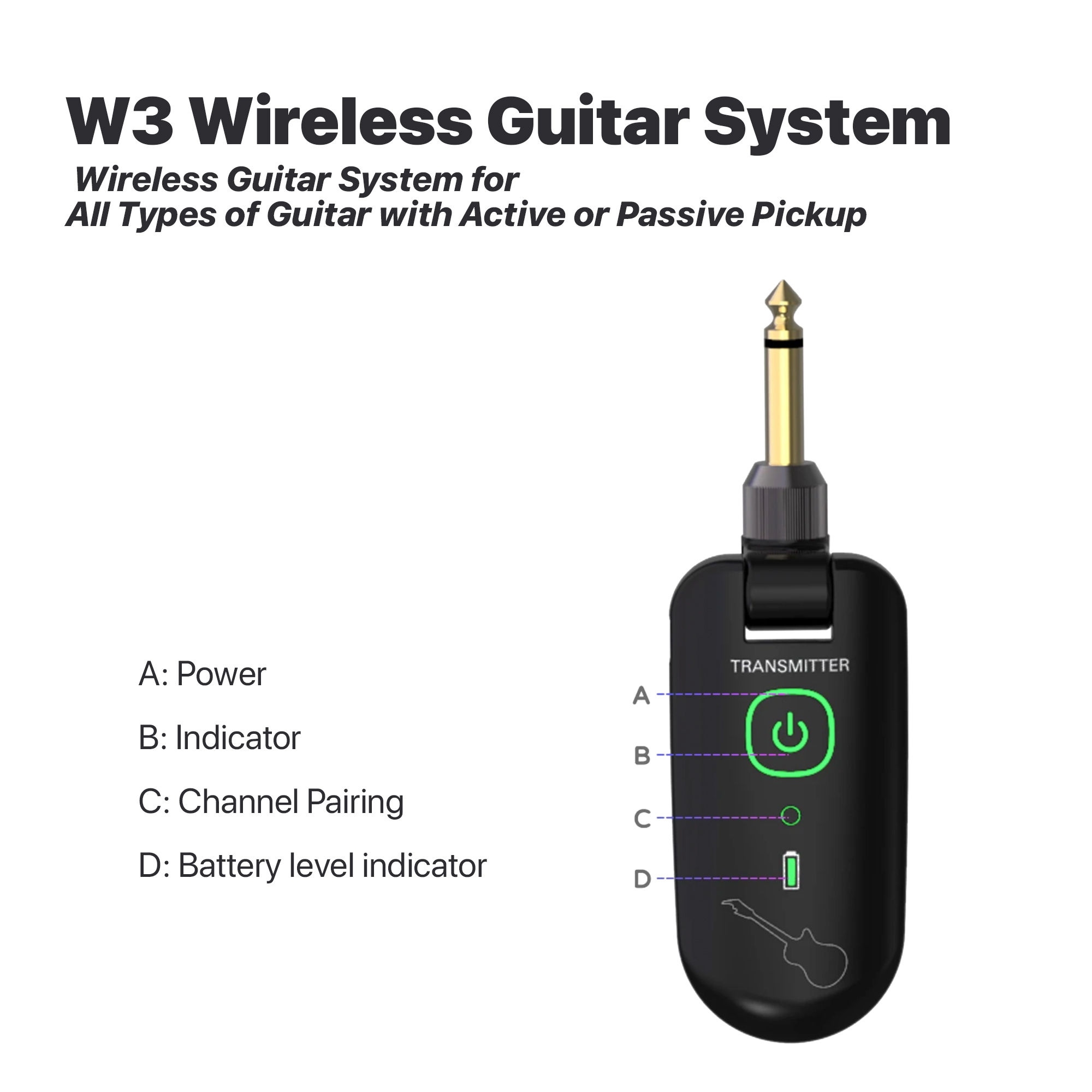 Double W3 Wireless Guitar System for All Types of Guitar with Active or Passive Pickup - Black