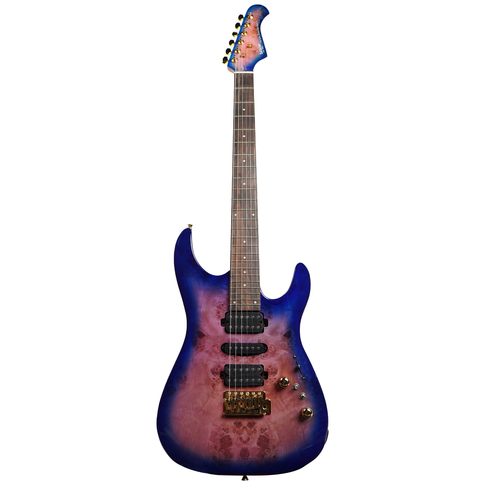 SQOE SEIB550 Ultraviolet burl burst HSH Super Strat series