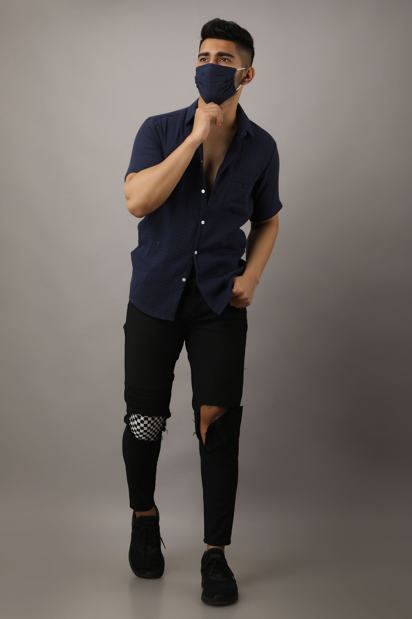 Mens Textured Navy Blue Shirt