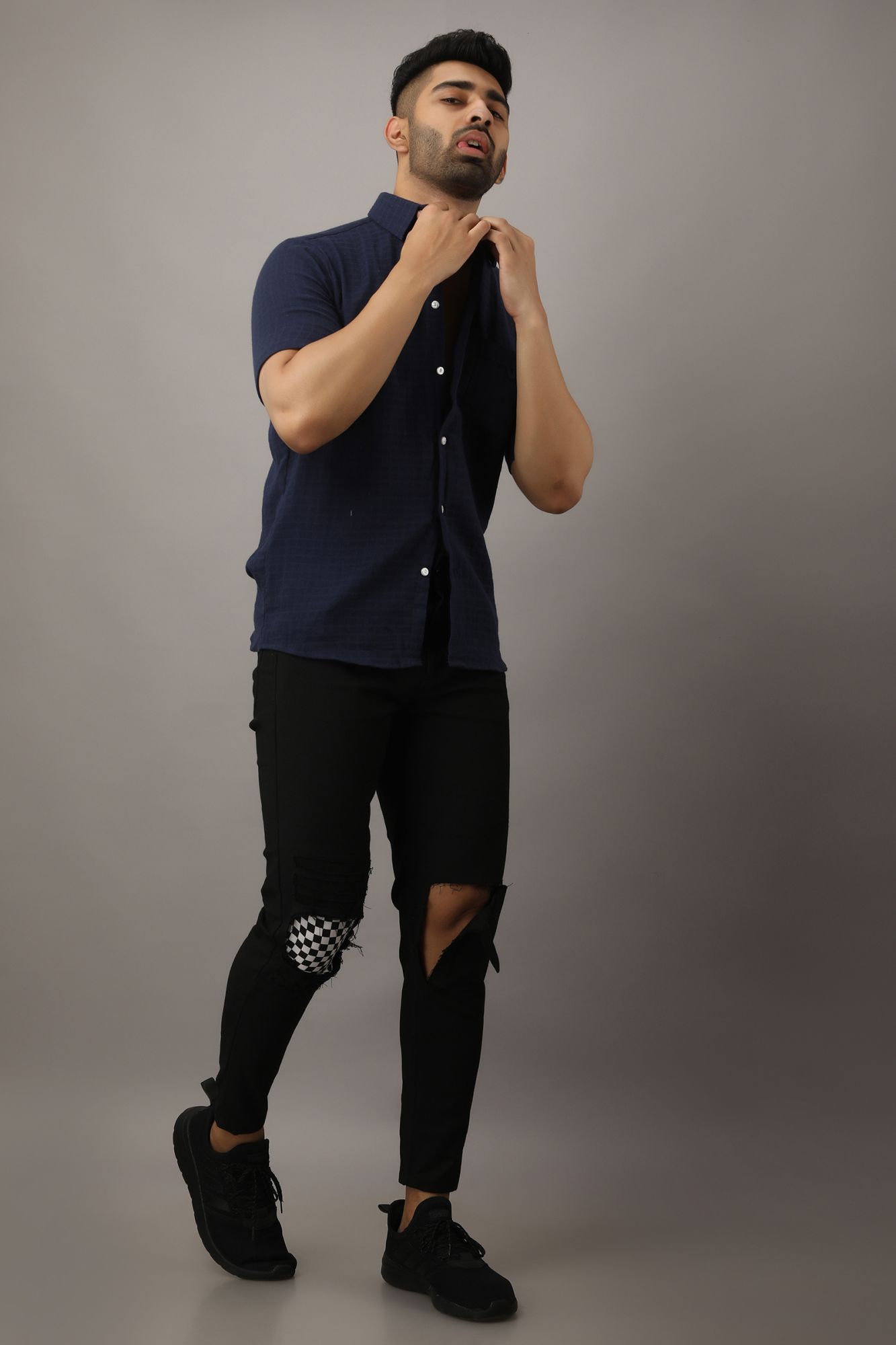 Mens Textured Navy Blue Shirt