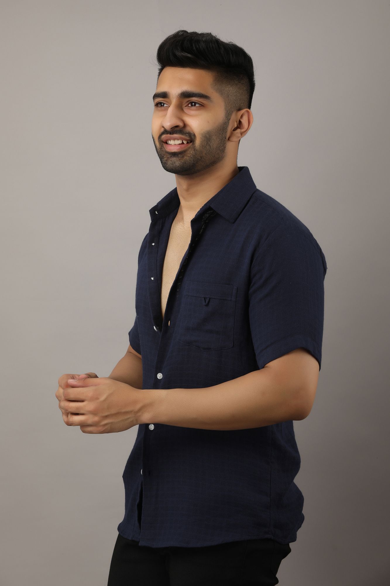 Mens Textured Navy Blue Shirt