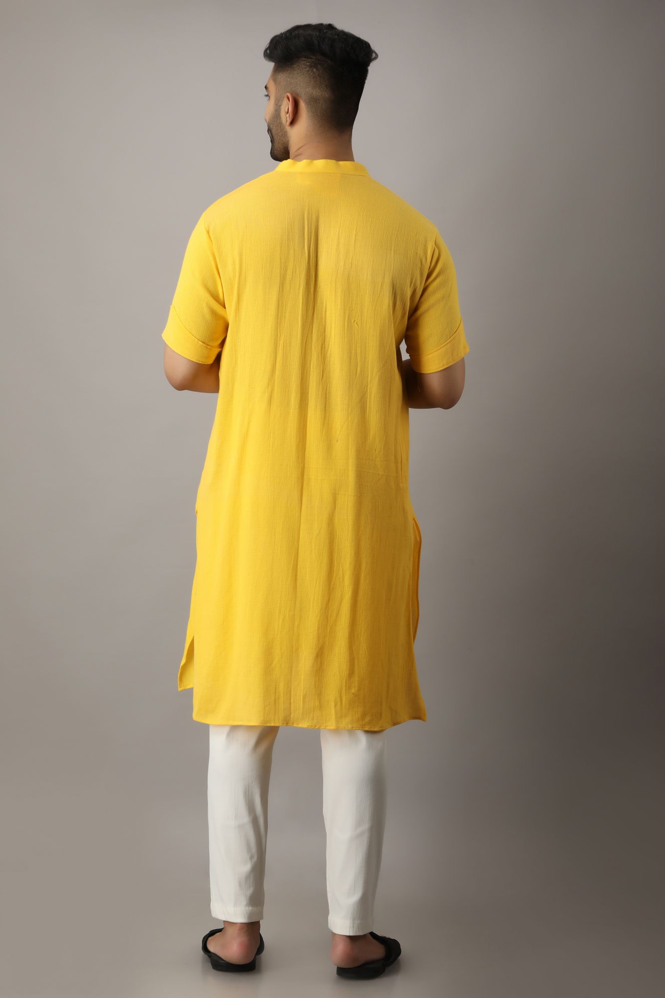 Mens Textured Yellow Kurta