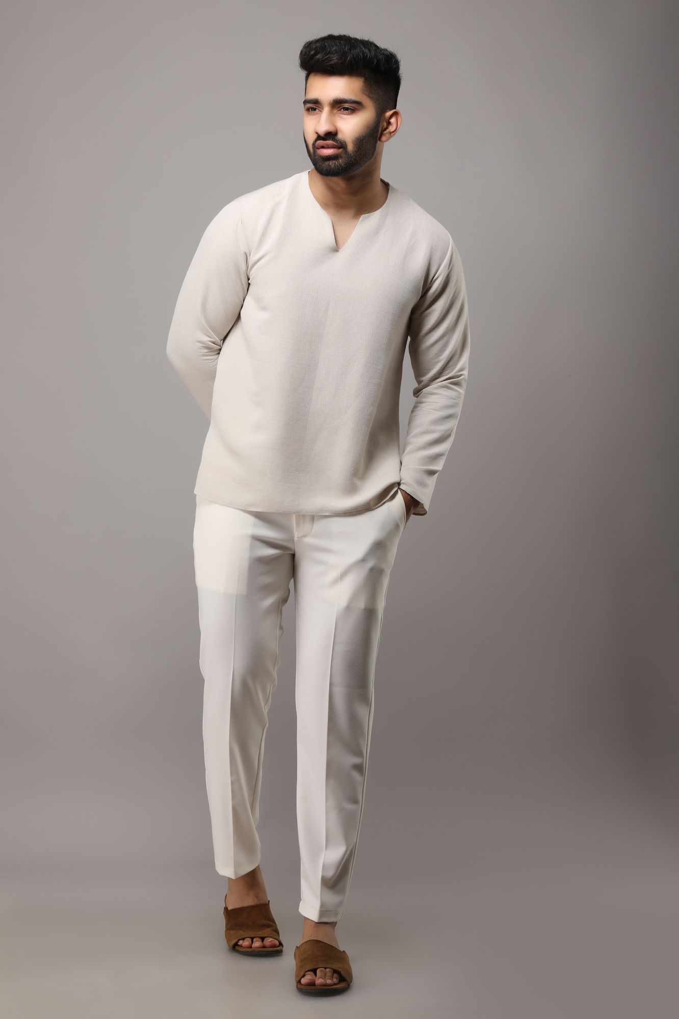 Mens Off-White Textured Short Kurta