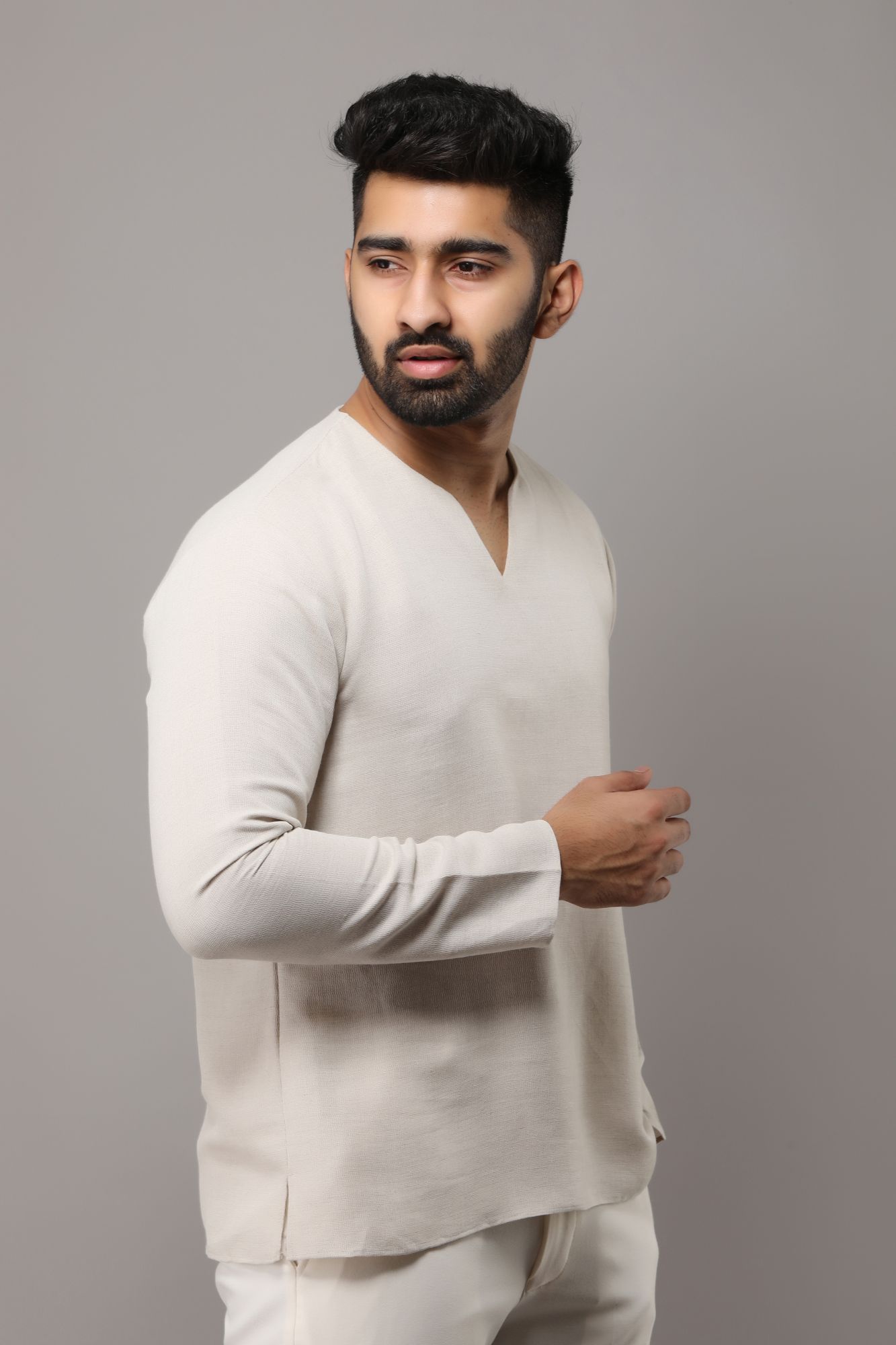 Mens Off-White Textured Short Kurta