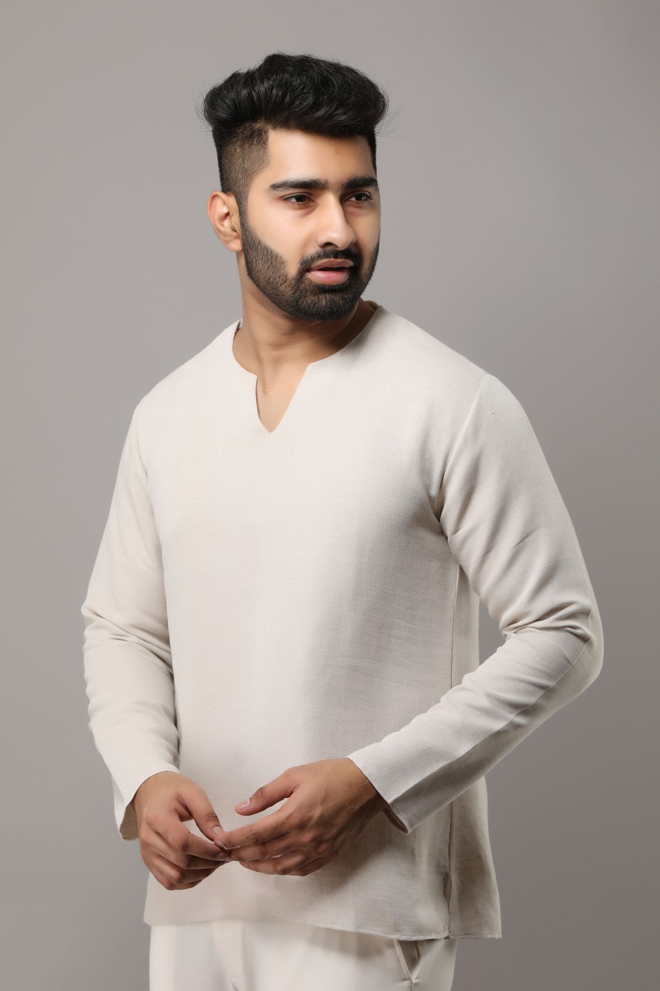 Mens Off-White Textured Short Kurta