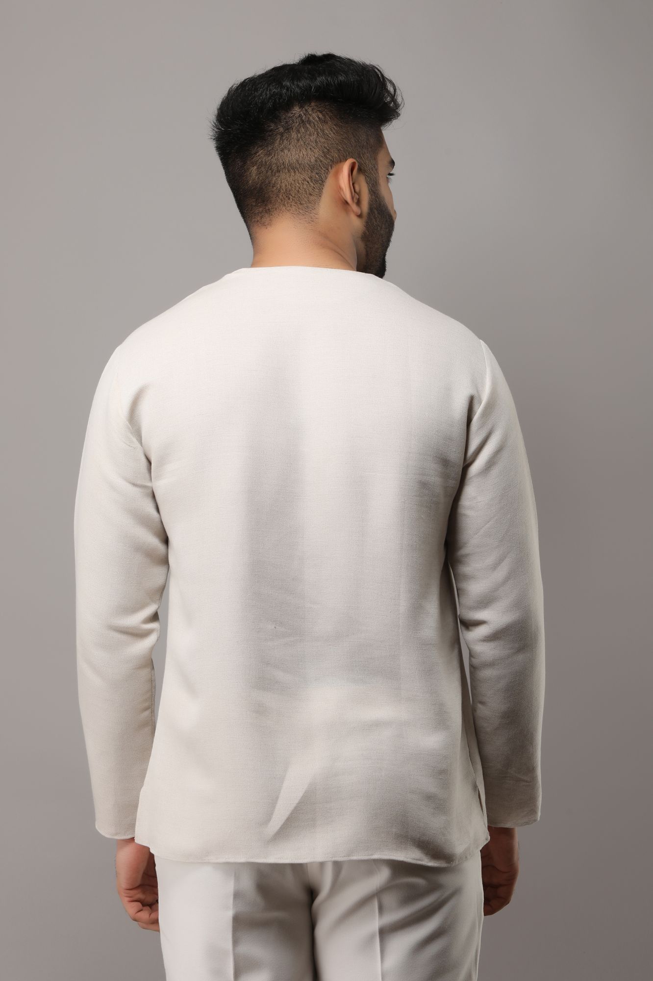 Mens Off-White Textured Short Kurta