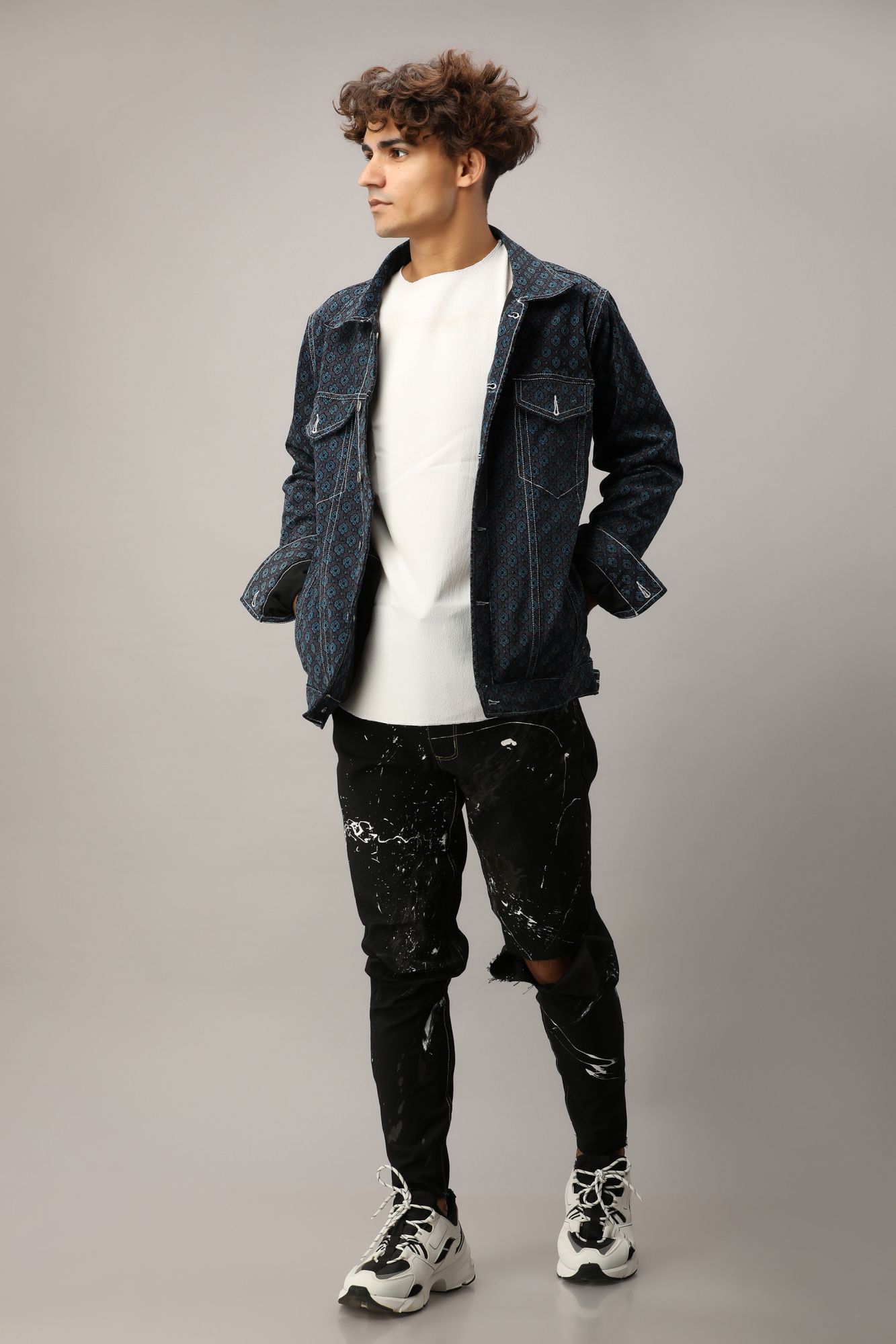 Mens Printed Velvet Jacket in Dark Blue