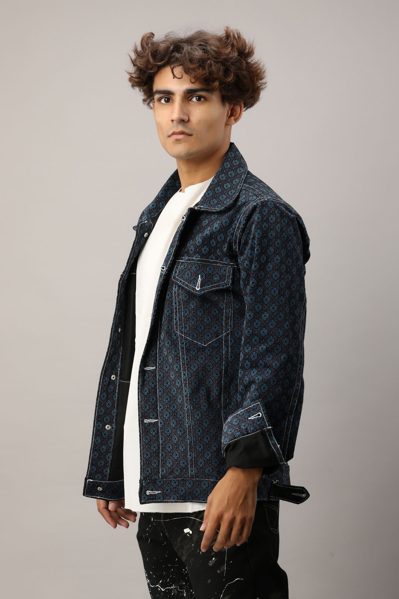 Mens Printed Velvet Jacket in Dark Blue