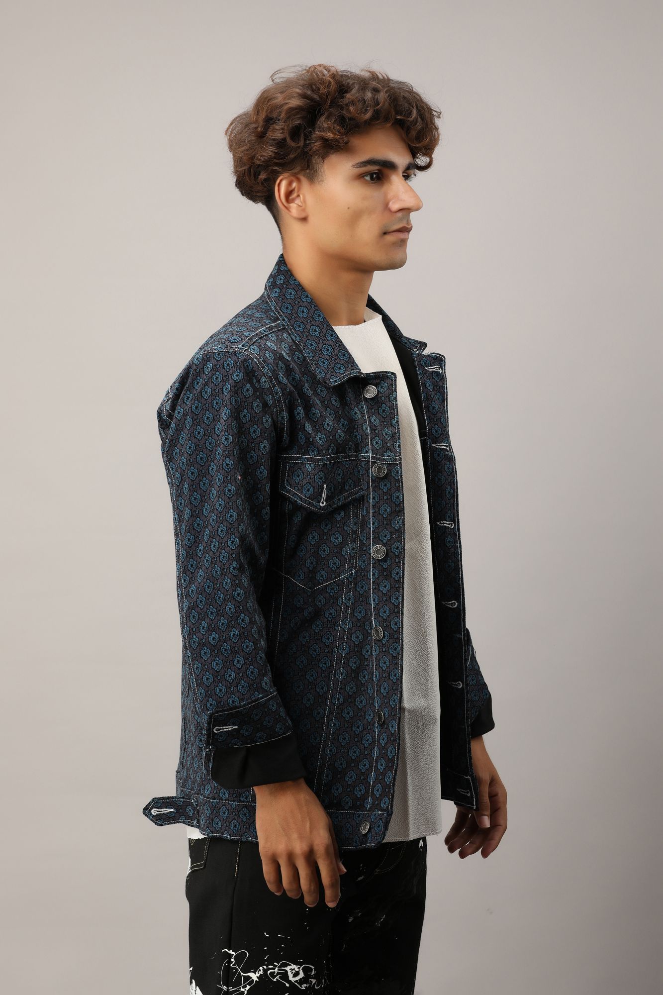 Mens Printed Velvet Jacket in Dark Blue