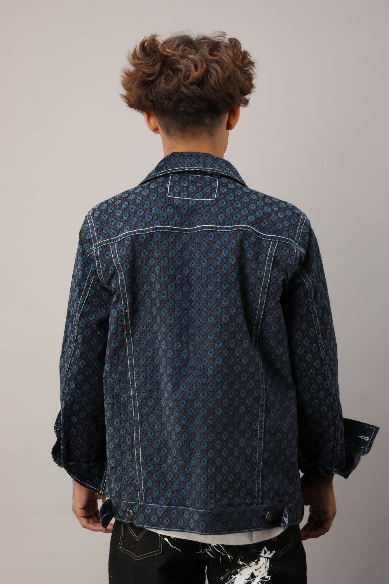 Mens Printed Velvet Jacket in Dark Blue