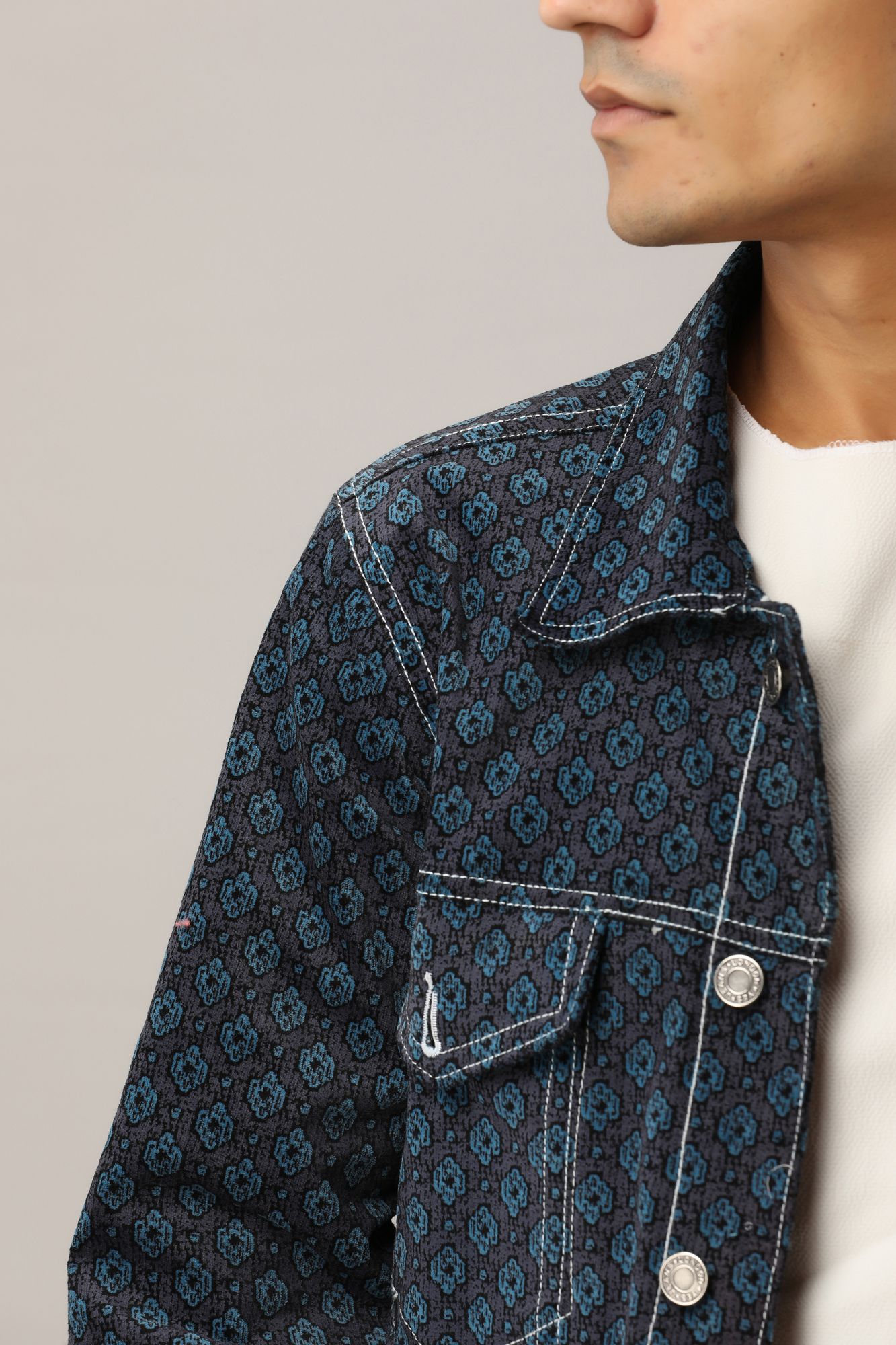 Mens Printed Velvet Jacket in Dark Blue