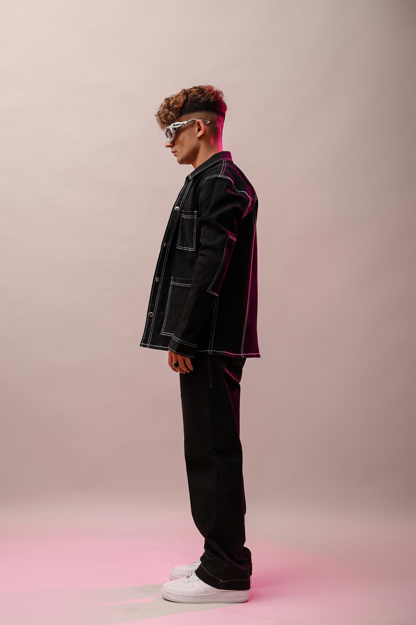 White Threaded Denim Jacket In Black