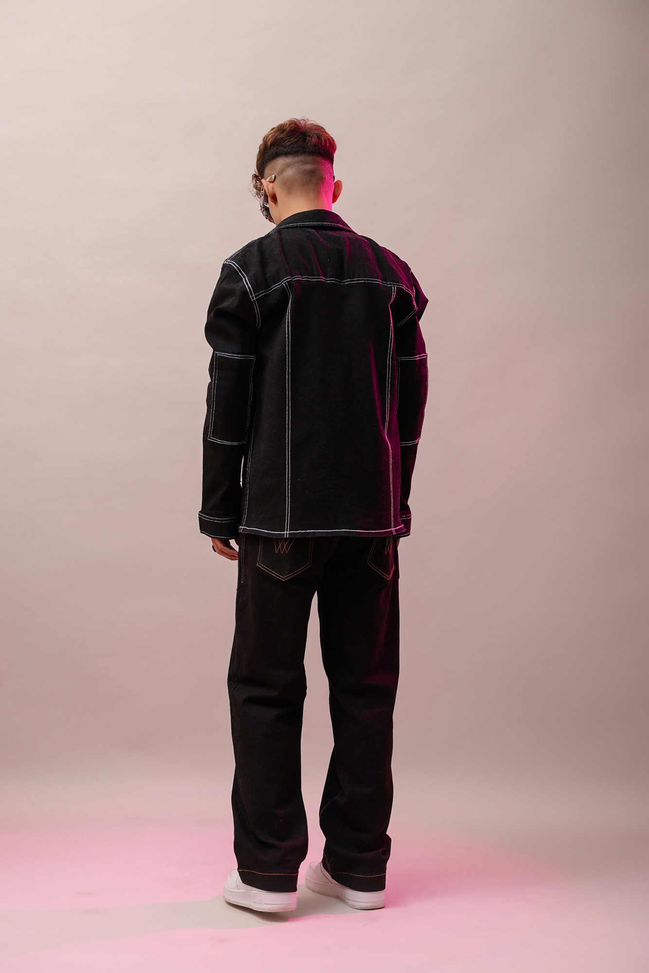 White Threaded Denim Jacket In Black