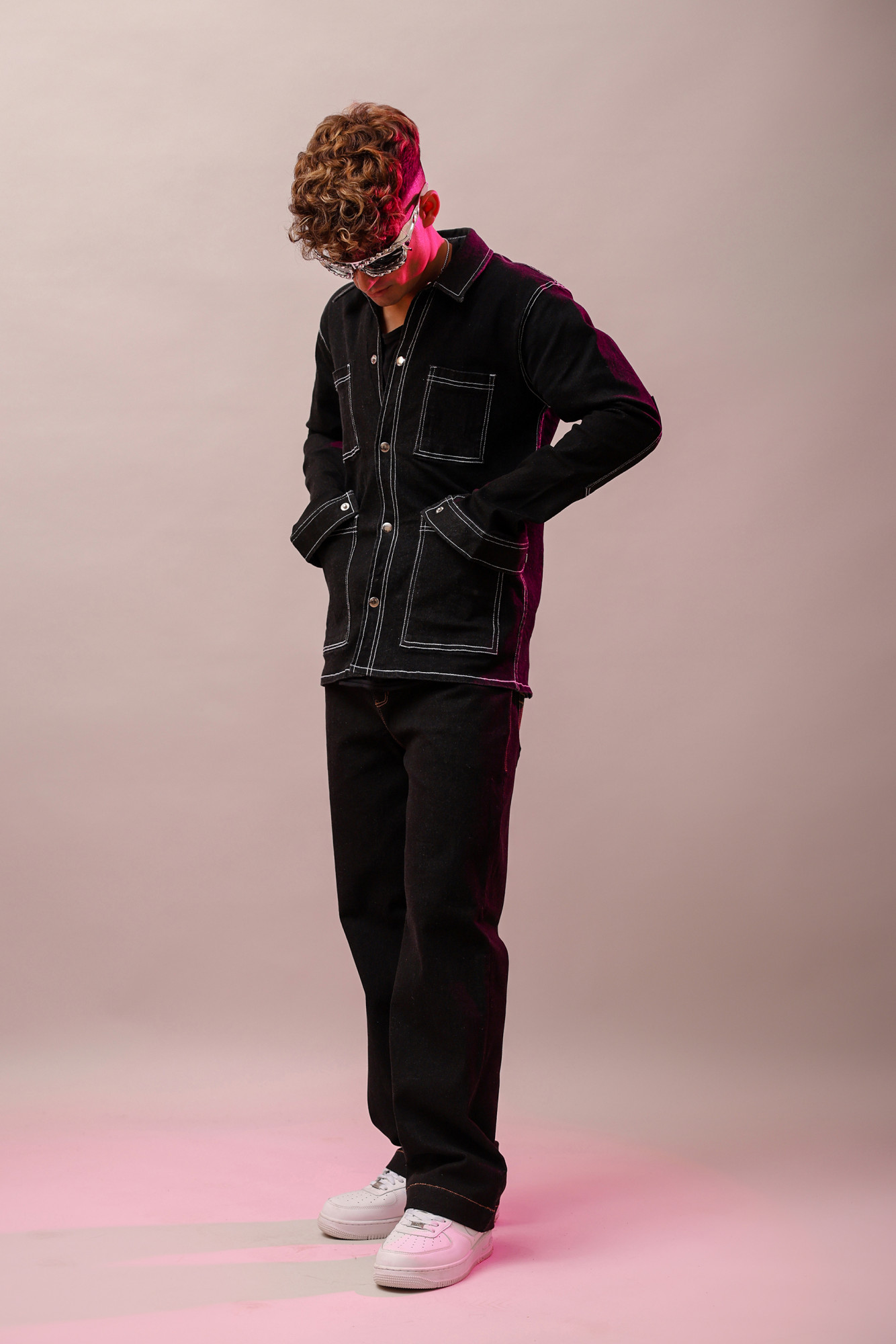 White Threaded Denim Jacket In Black