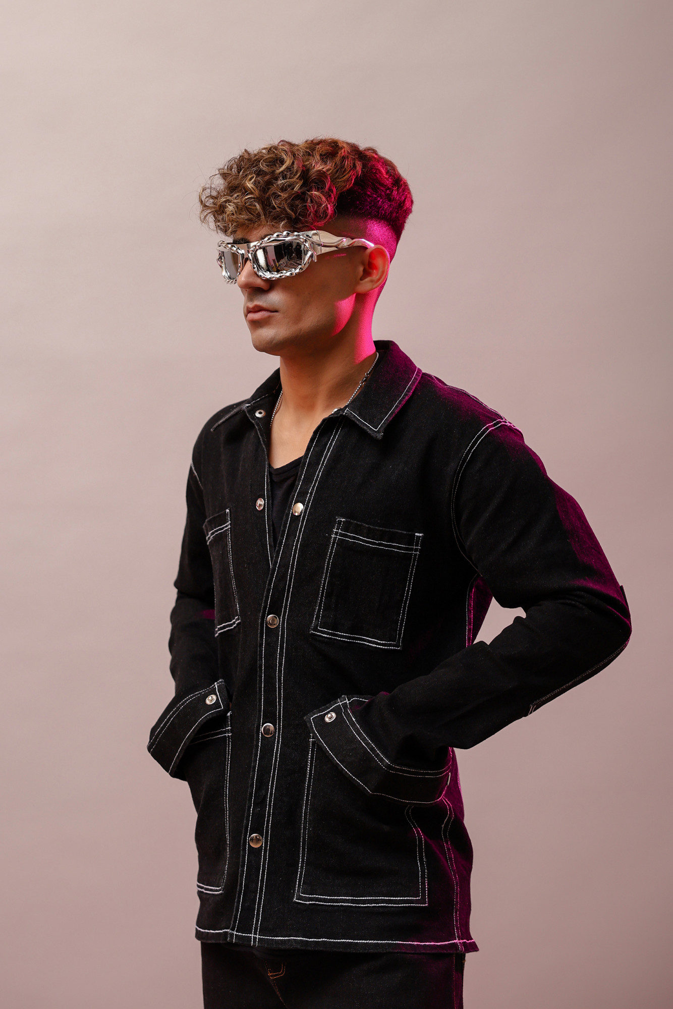 White Threaded Denim Jacket In Black