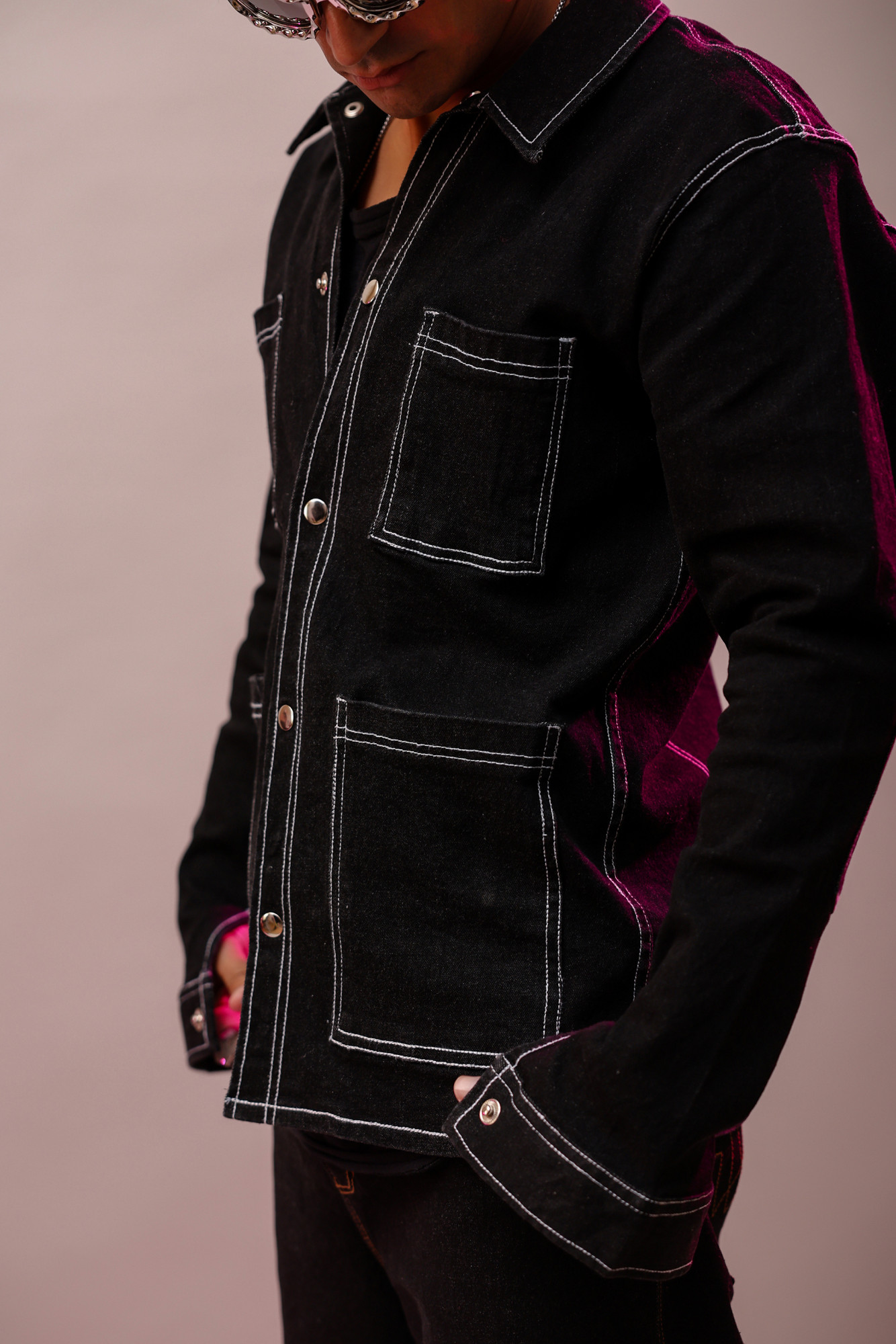 White Threaded Denim Jacket In Black