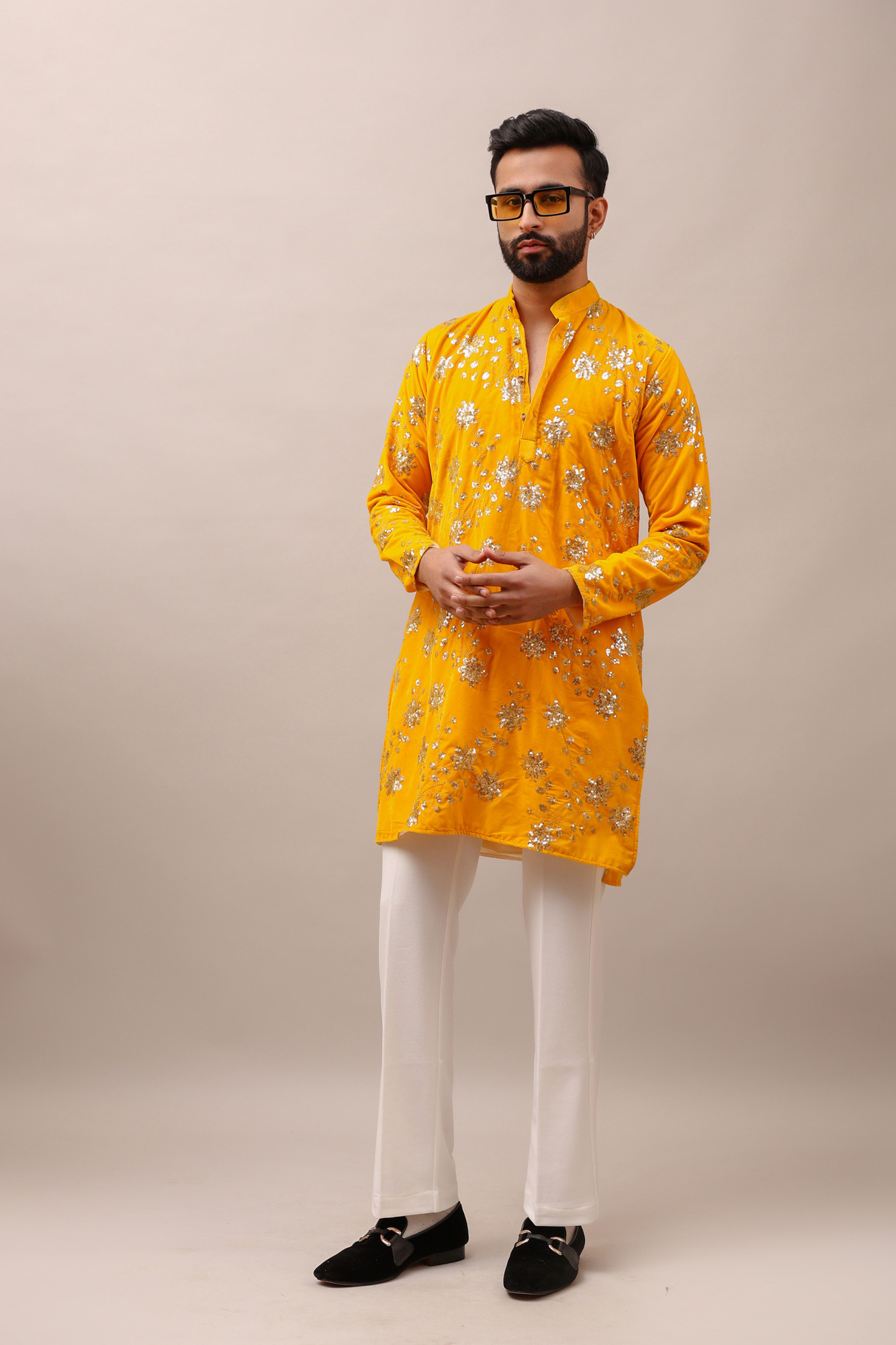 Velvet Embroidered Kurta In yellow
