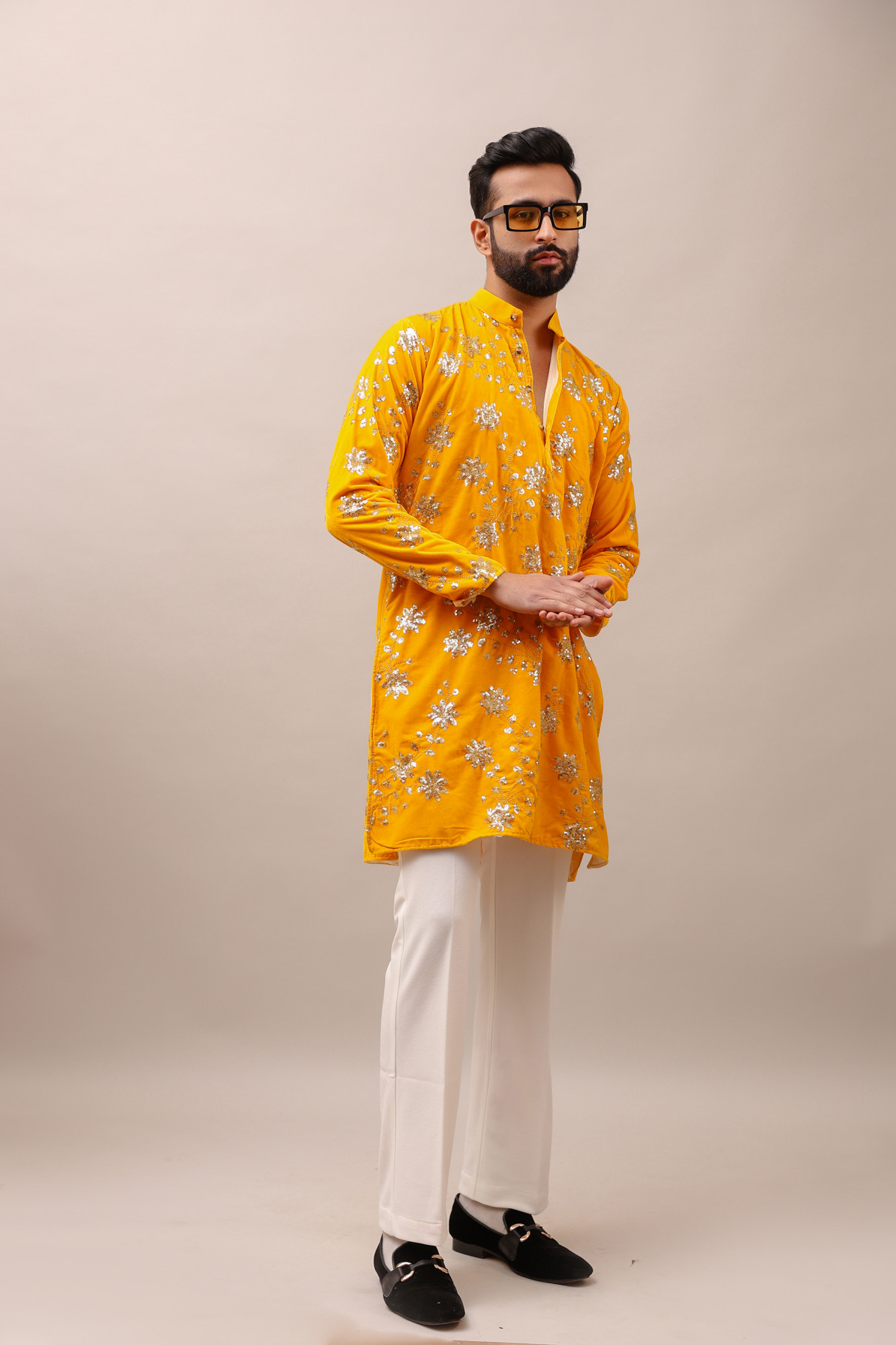 Velvet Embroidered Kurta In yellow