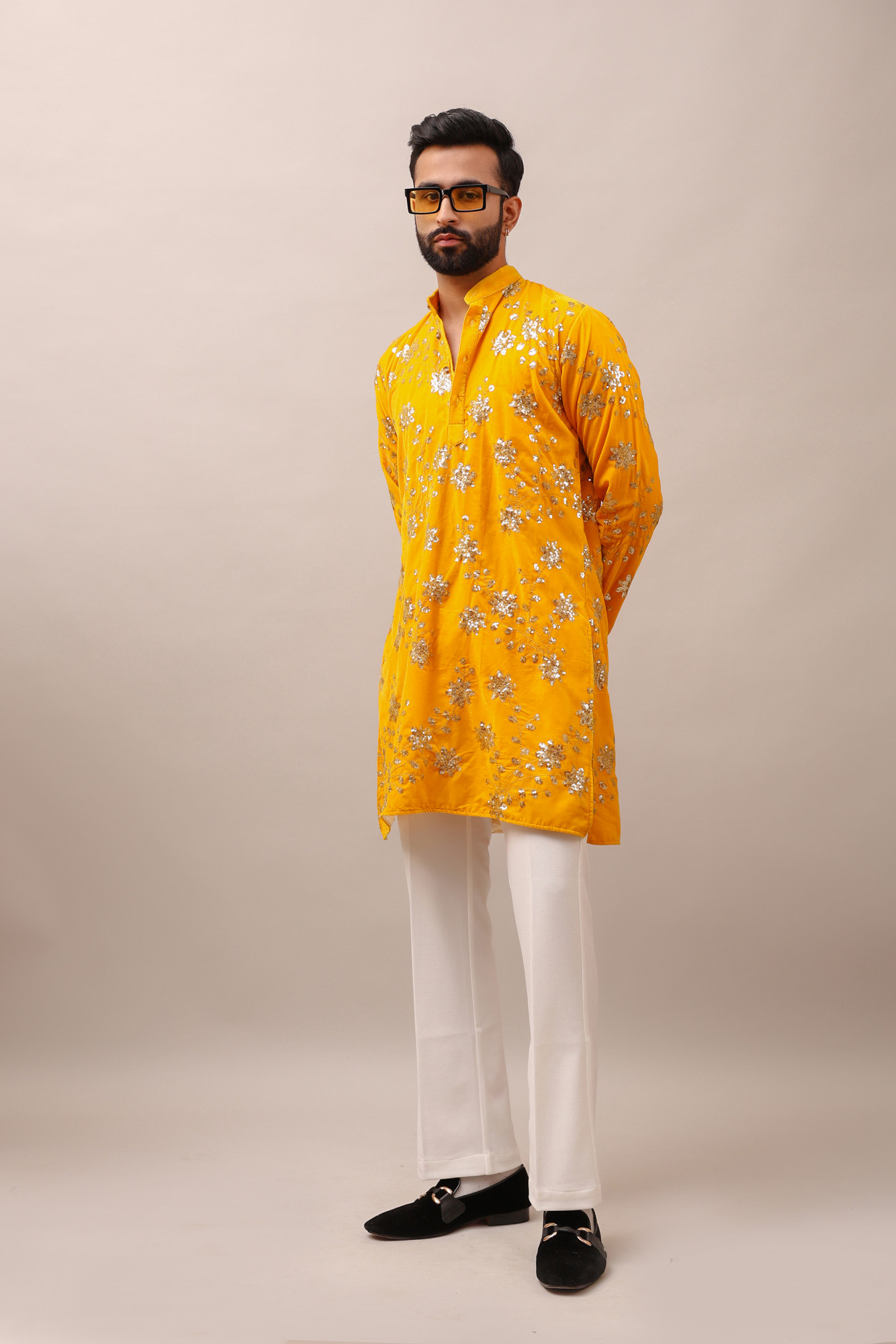 Velvet Embroidered Kurta In yellow