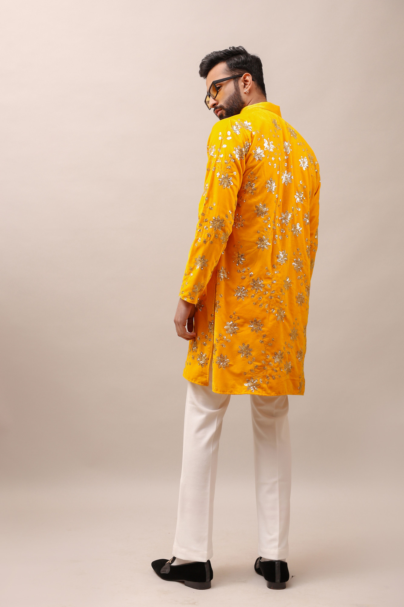 Velvet Embroidered Kurta In yellow