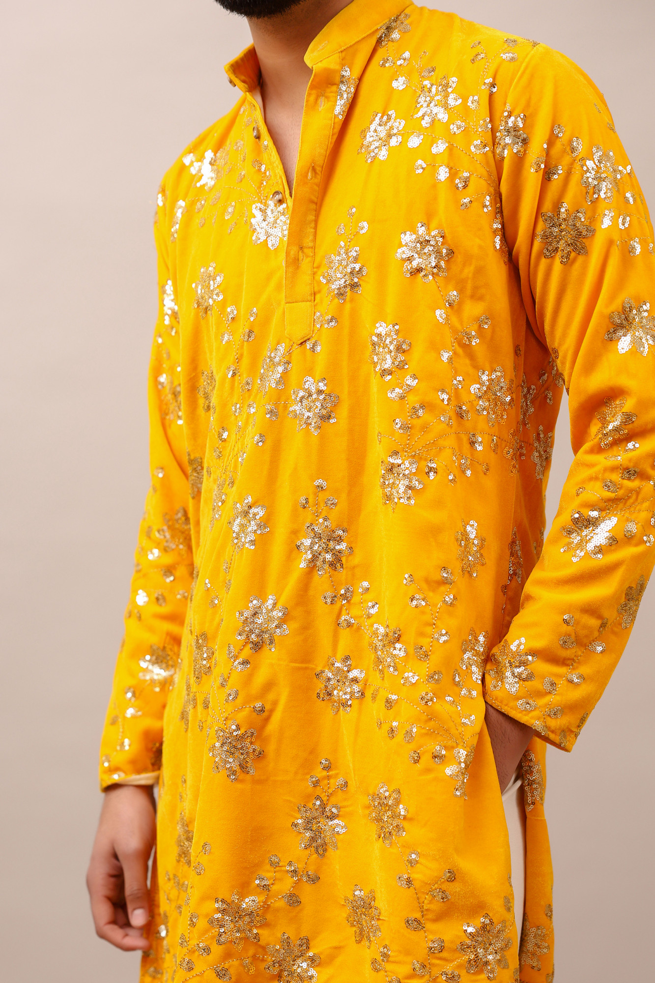 Velvet Embroidered Kurta In yellow
