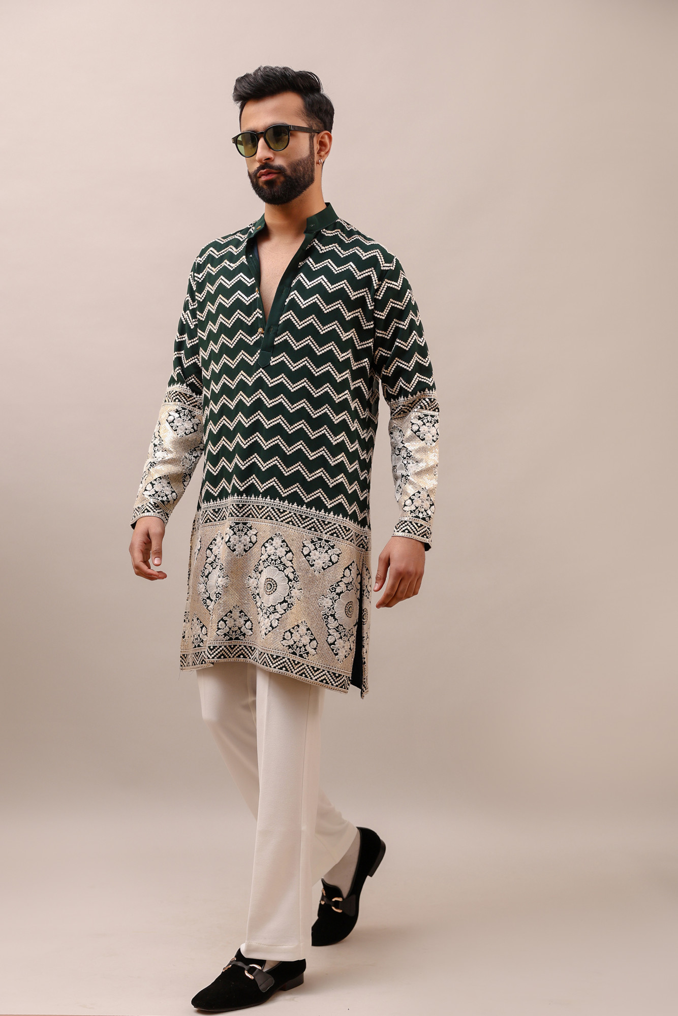 Embroidered Kurta In Dark Green