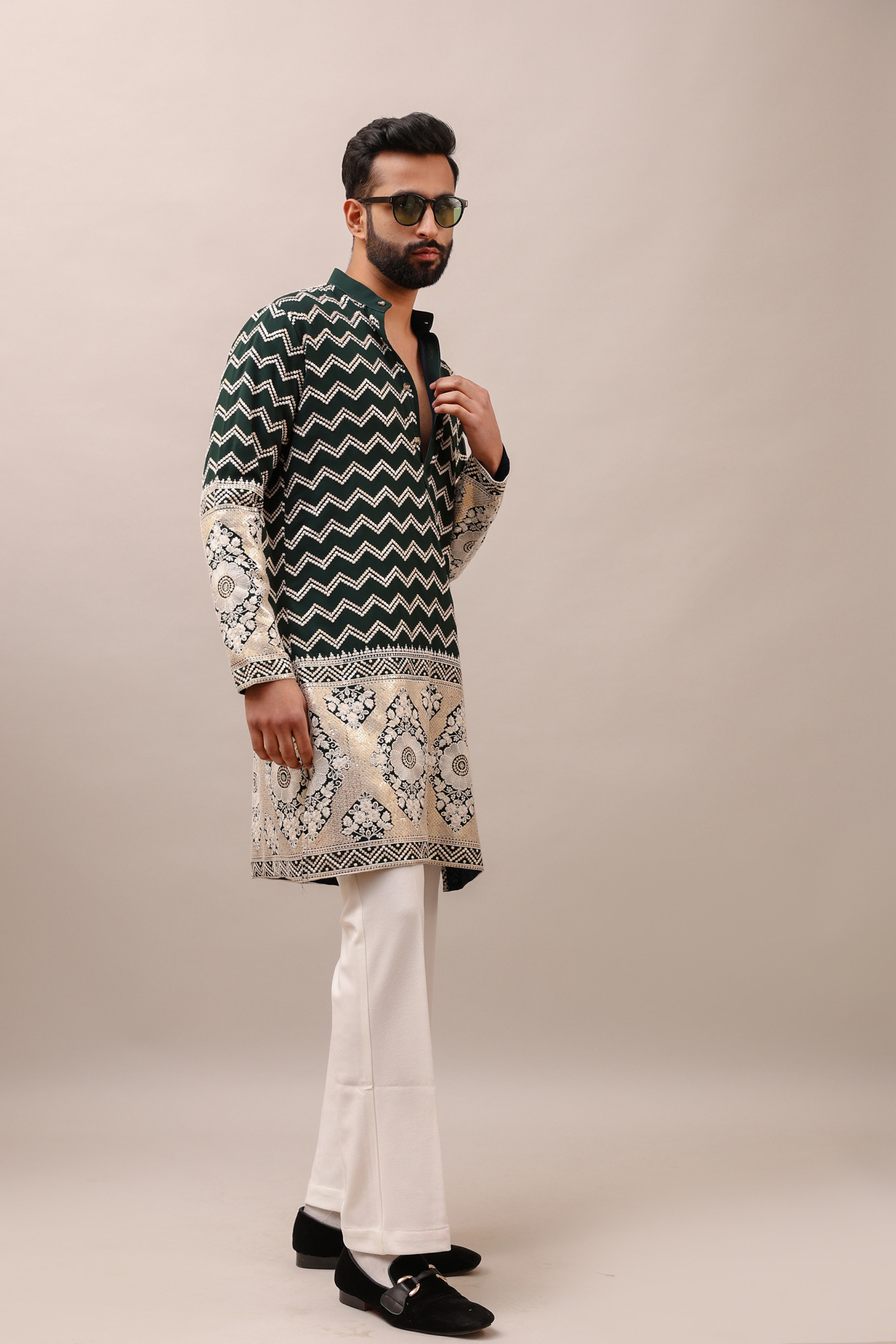 Embroidered Kurta In Dark Green