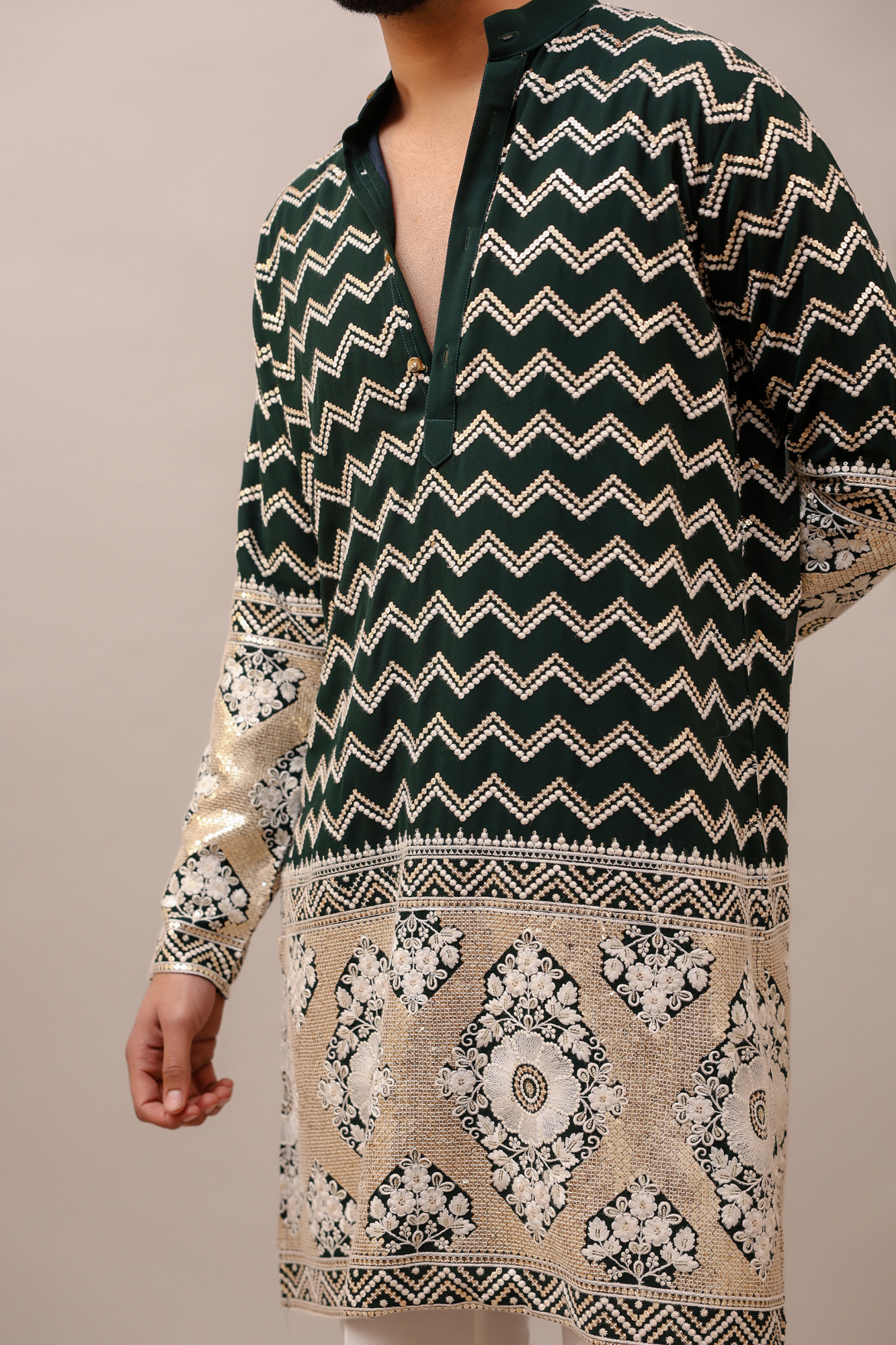Embroidered Kurta In Dark Green