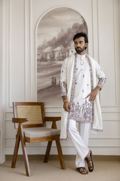 Embroidered Kurta with Dupatta In White
