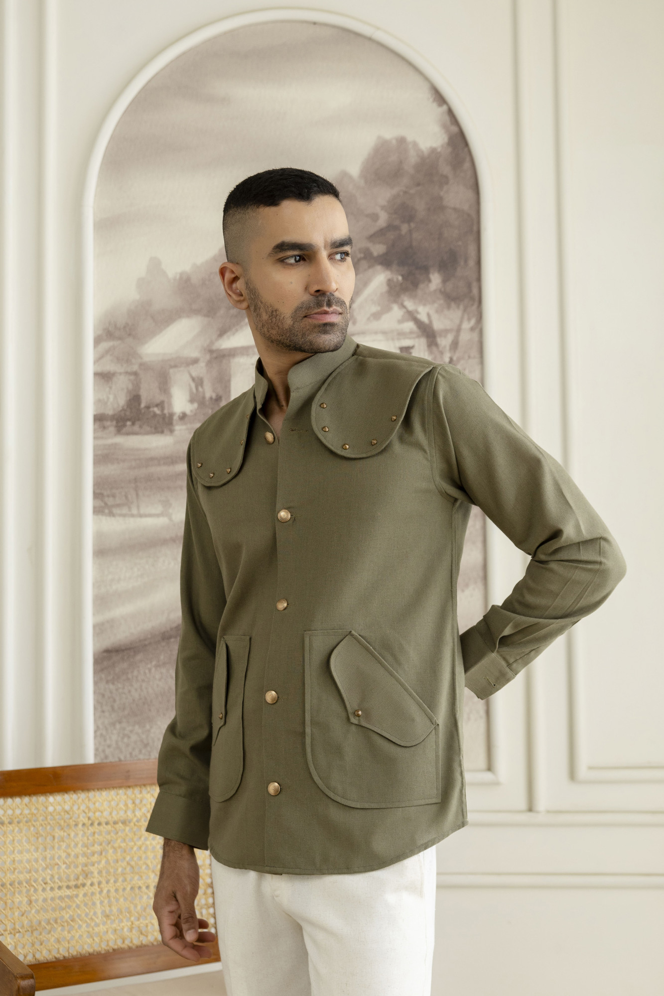 Royal Linen Shacket In Olive