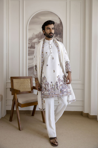 Embroidered Kurta with Dupatta In White