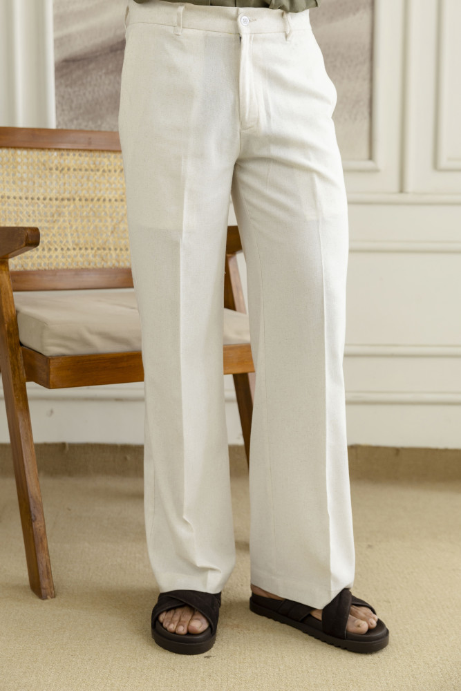 Image of Off White Textured Flared Linen Pants