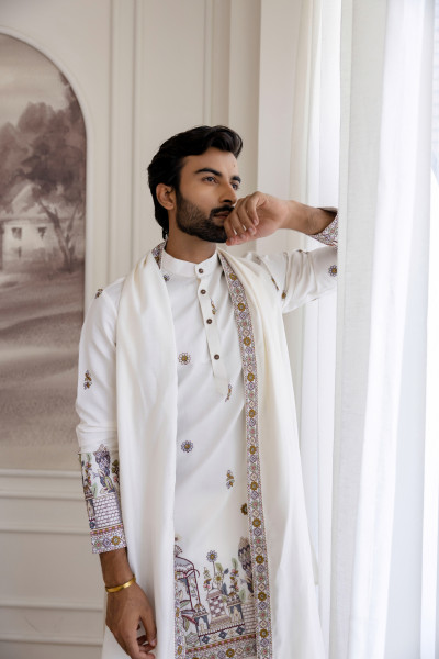 Embroidered Kurta with Dupatta In White
