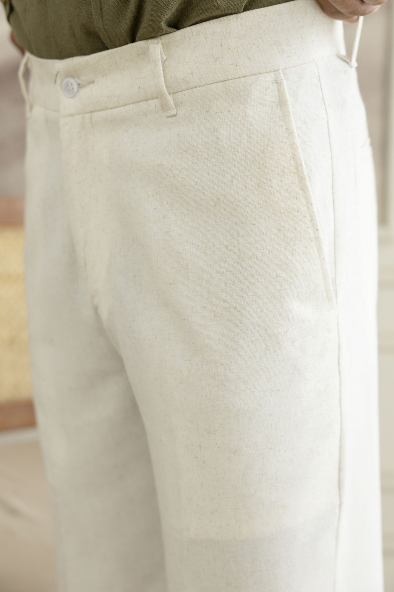 Off White Textured Flared Linen Pants