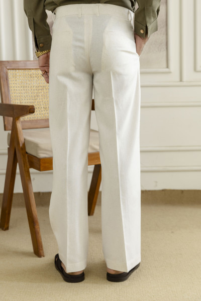 Off White Textured Flared Linen Pants