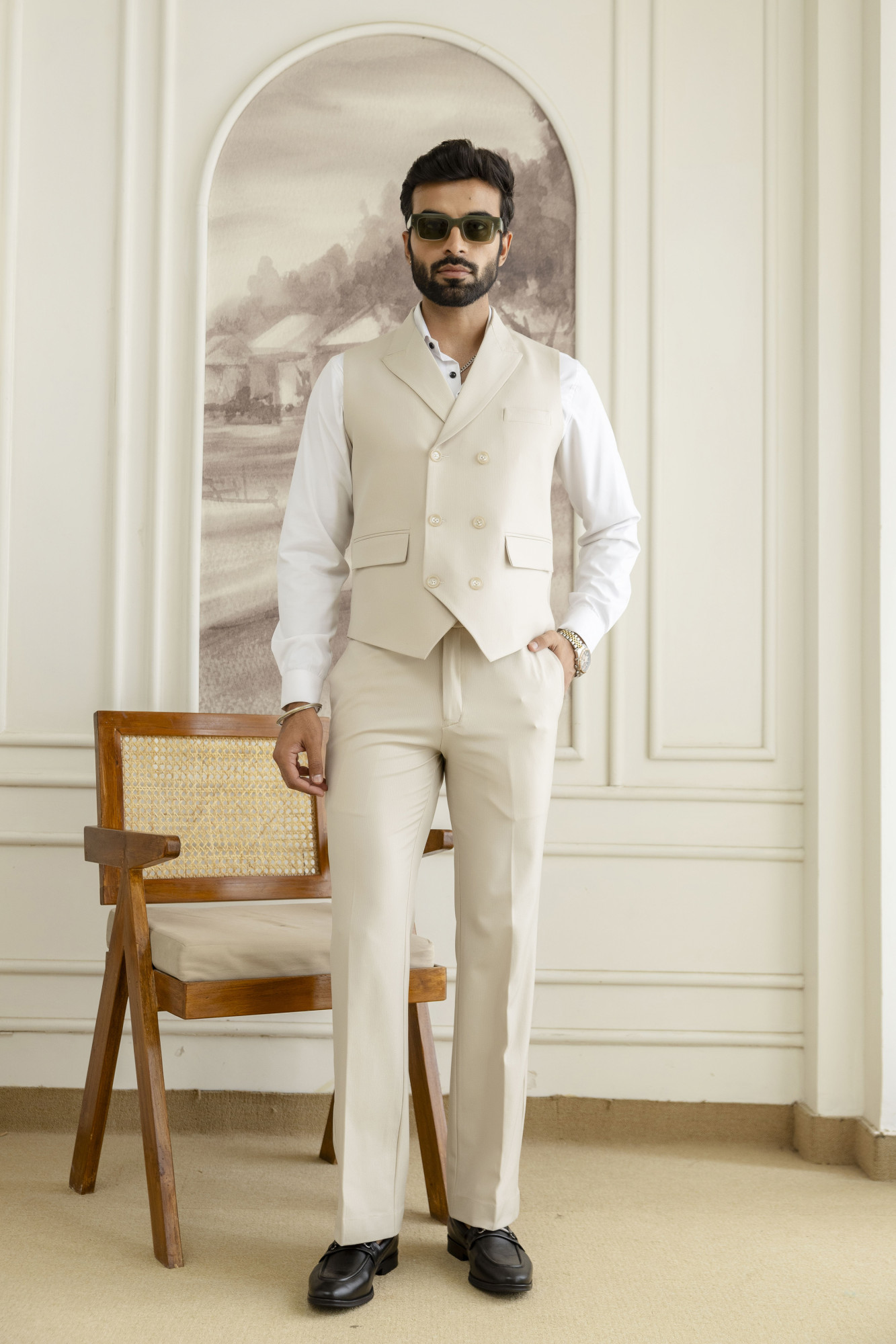 Striped Double Breasted Waistcoat In Cream