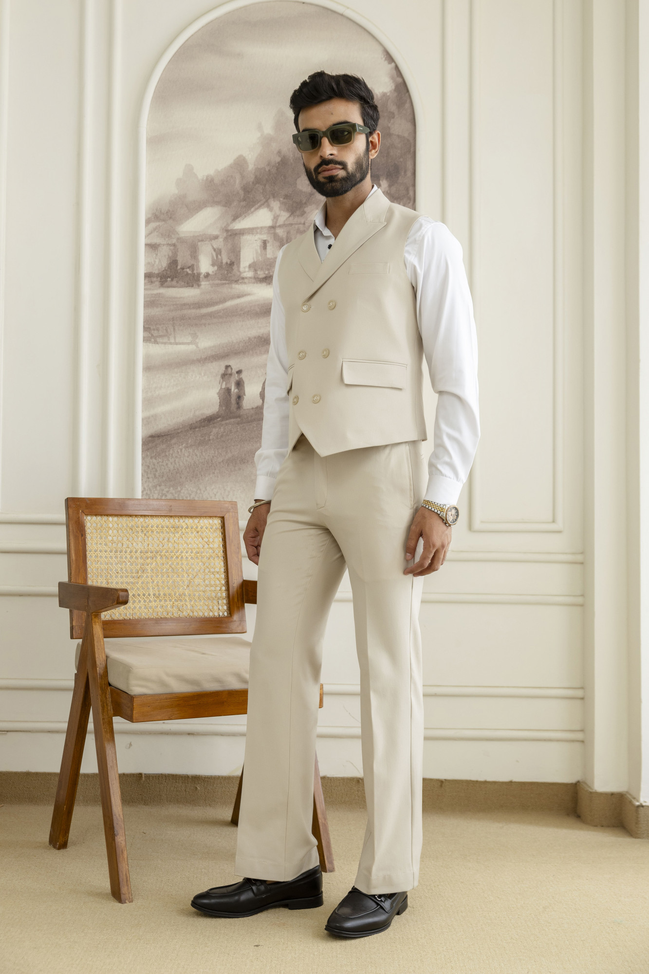 Striped Double Breasted Waistcoat In Cream