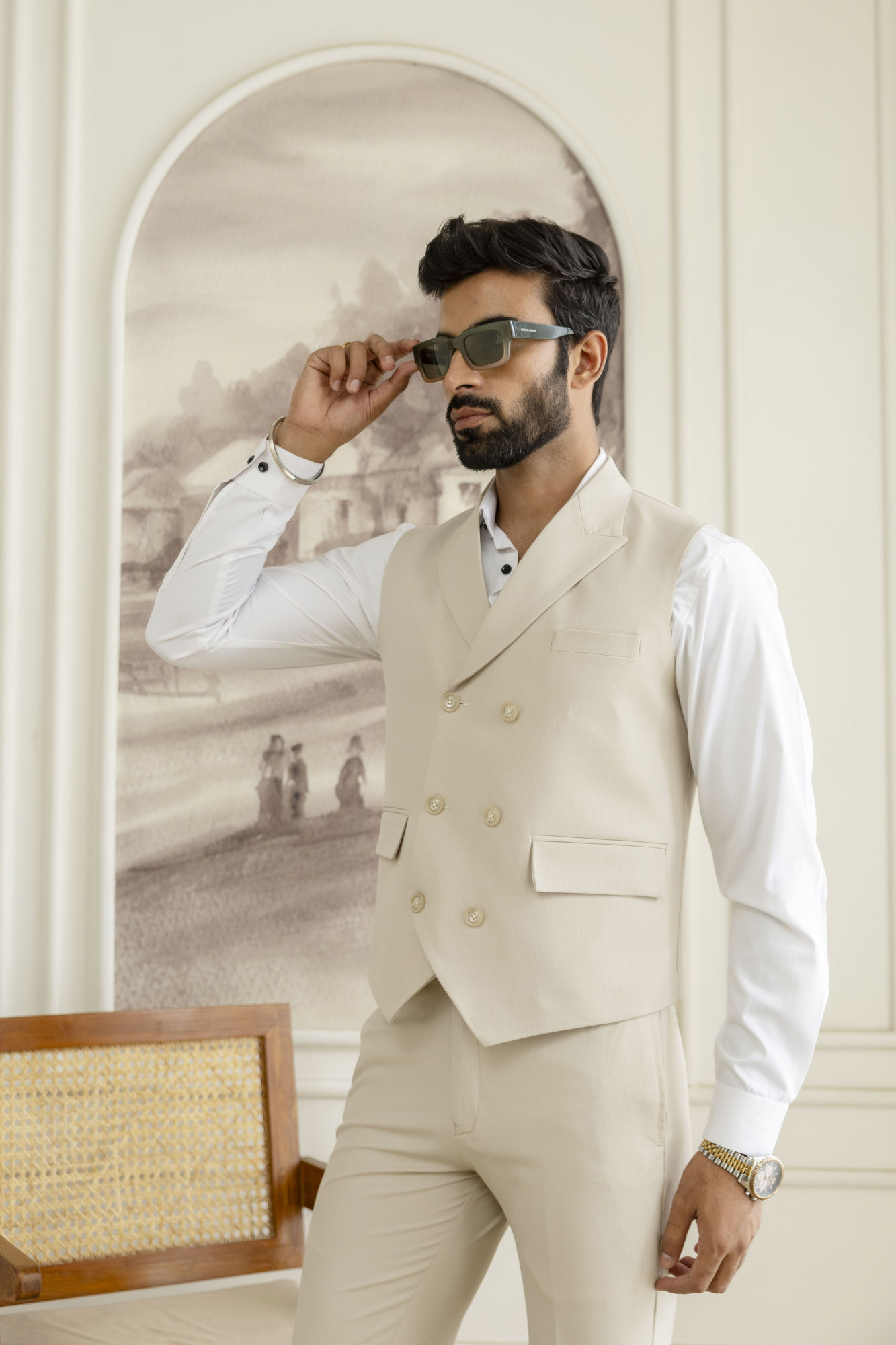 Striped Double Breasted Waistcoat In Cream