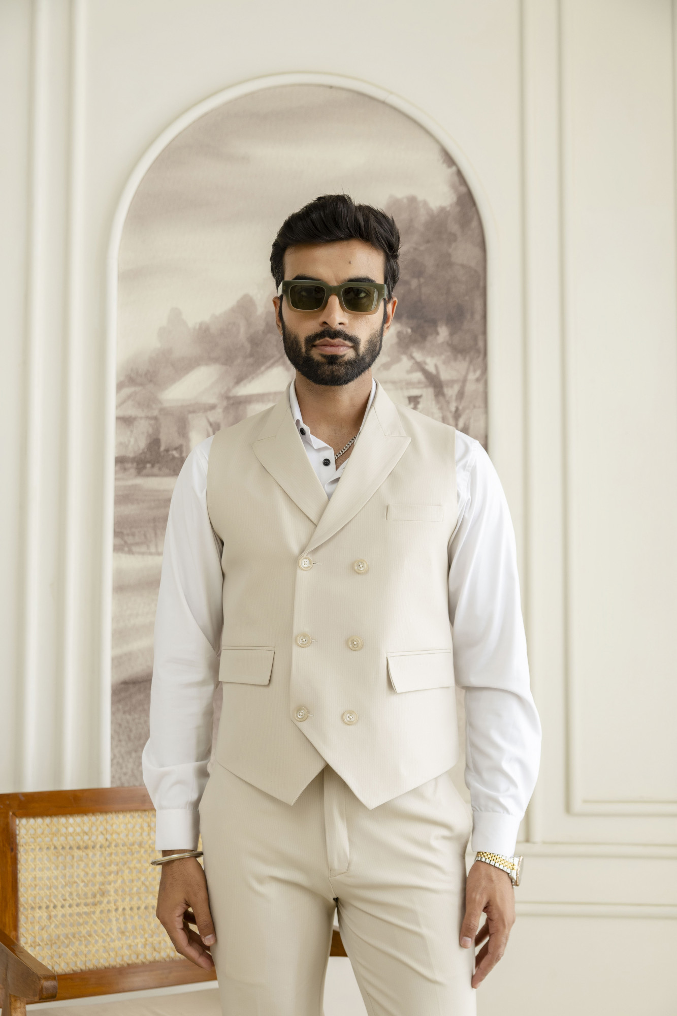 Striped Double Breasted Waistcoat In Cream