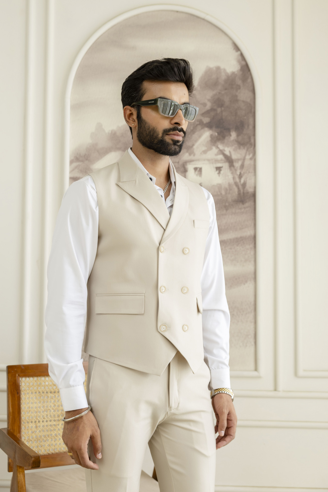 Striped Double Breasted Waistcoat In Cream