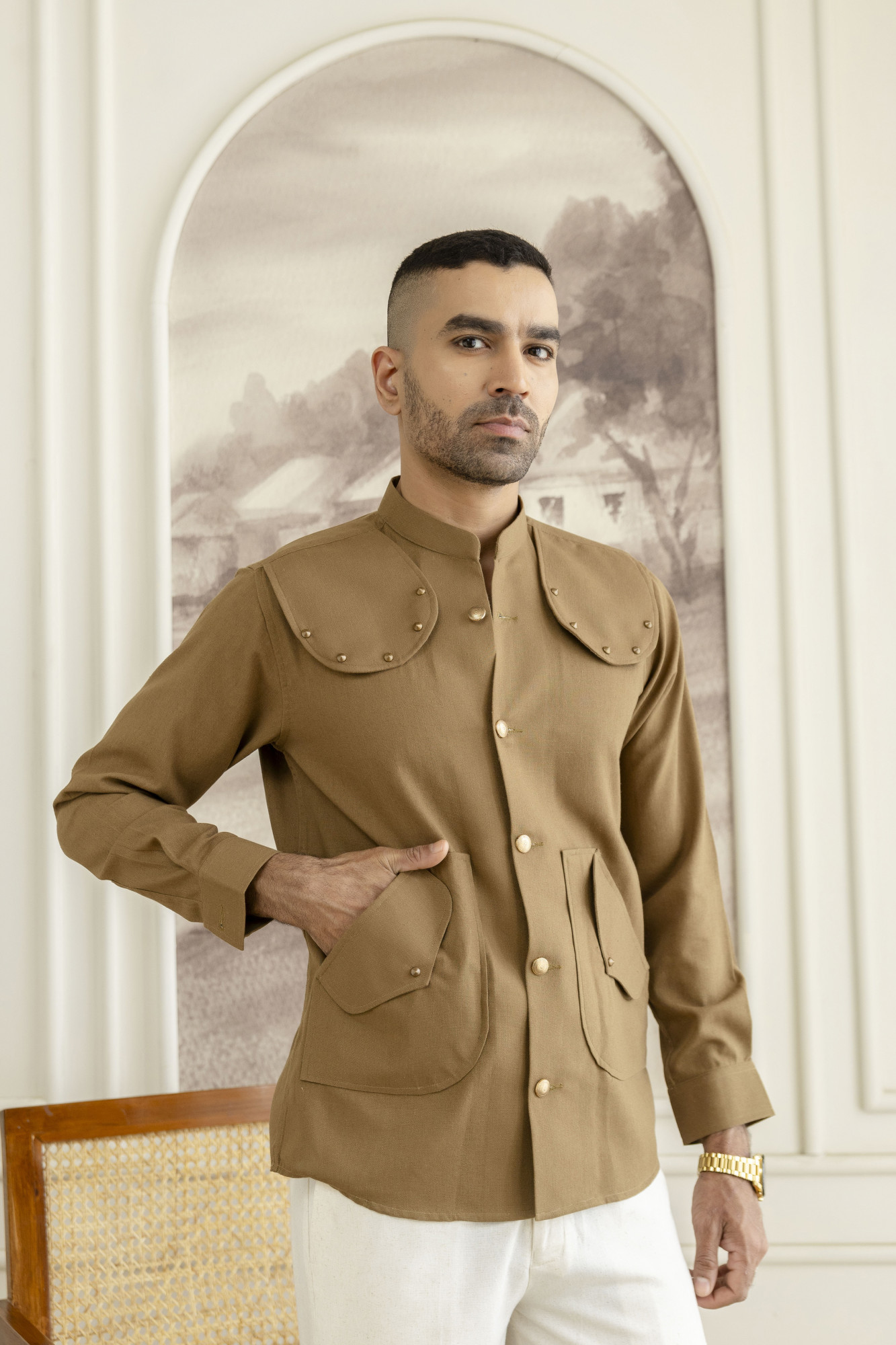 Royal Linen Shacket In Dark Mustard