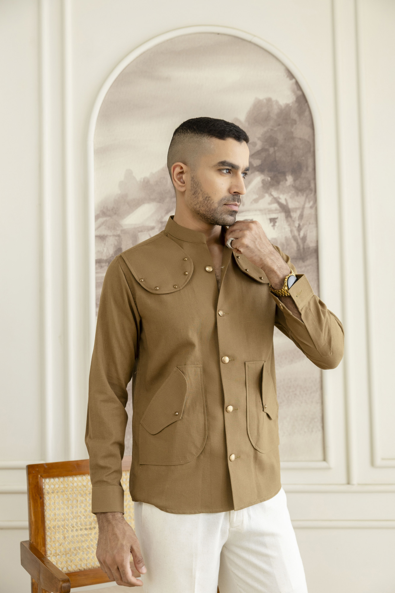 Royal Linen Shacket In Dark Mustard